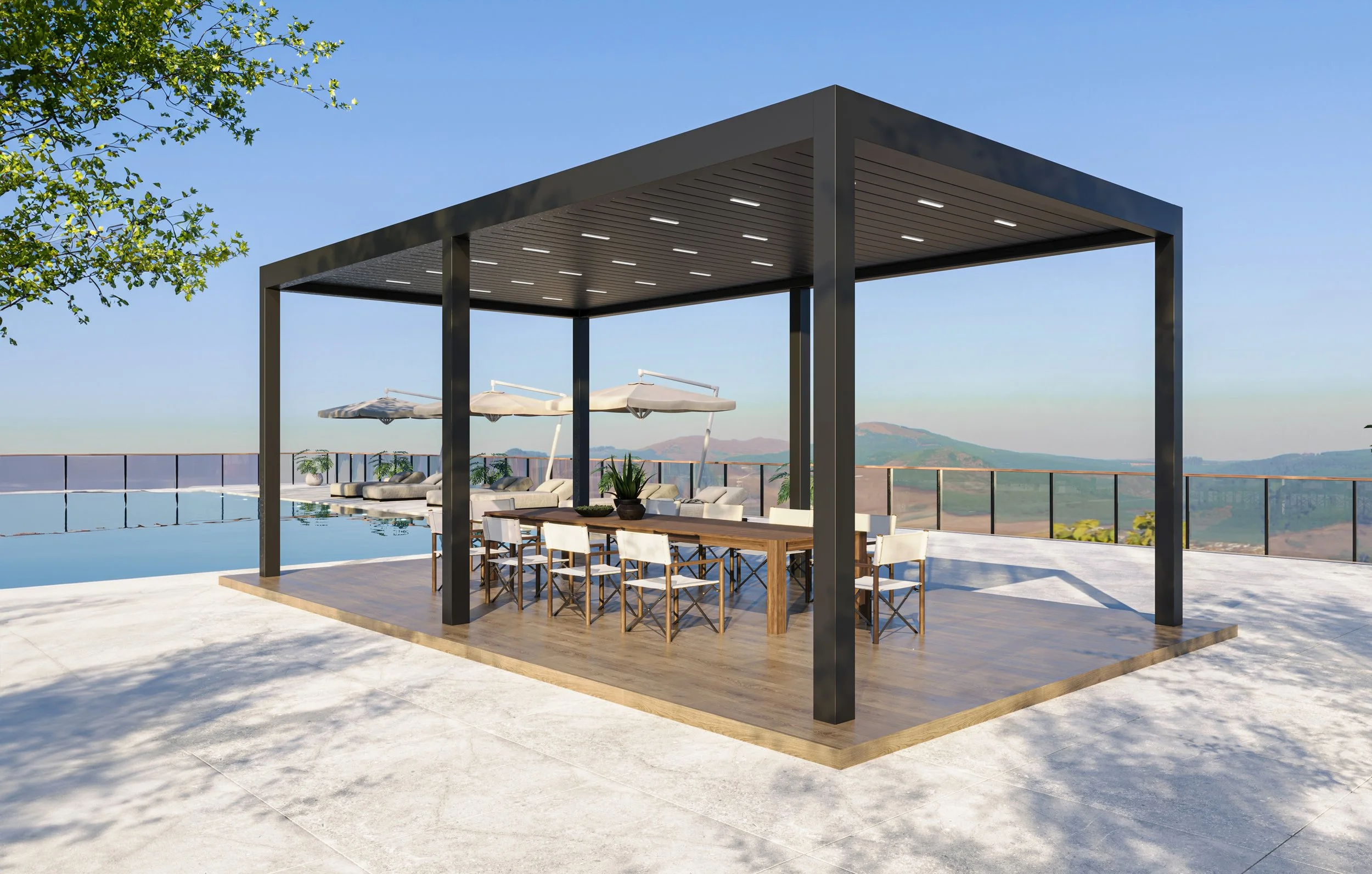 Modern poolside pergola with black frame and ambient lighting.
