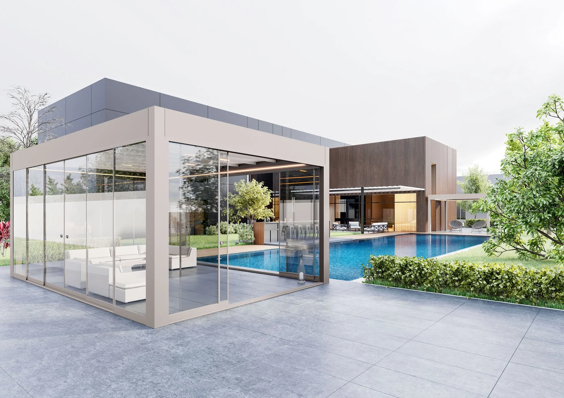Contemporary glass spa enclosure by pool with sliding panels for year-round soaking comfort