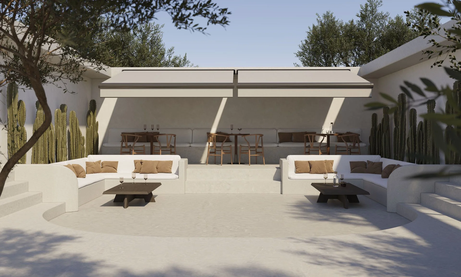 Rooftop event space with retractable louver roof and evening lighting.