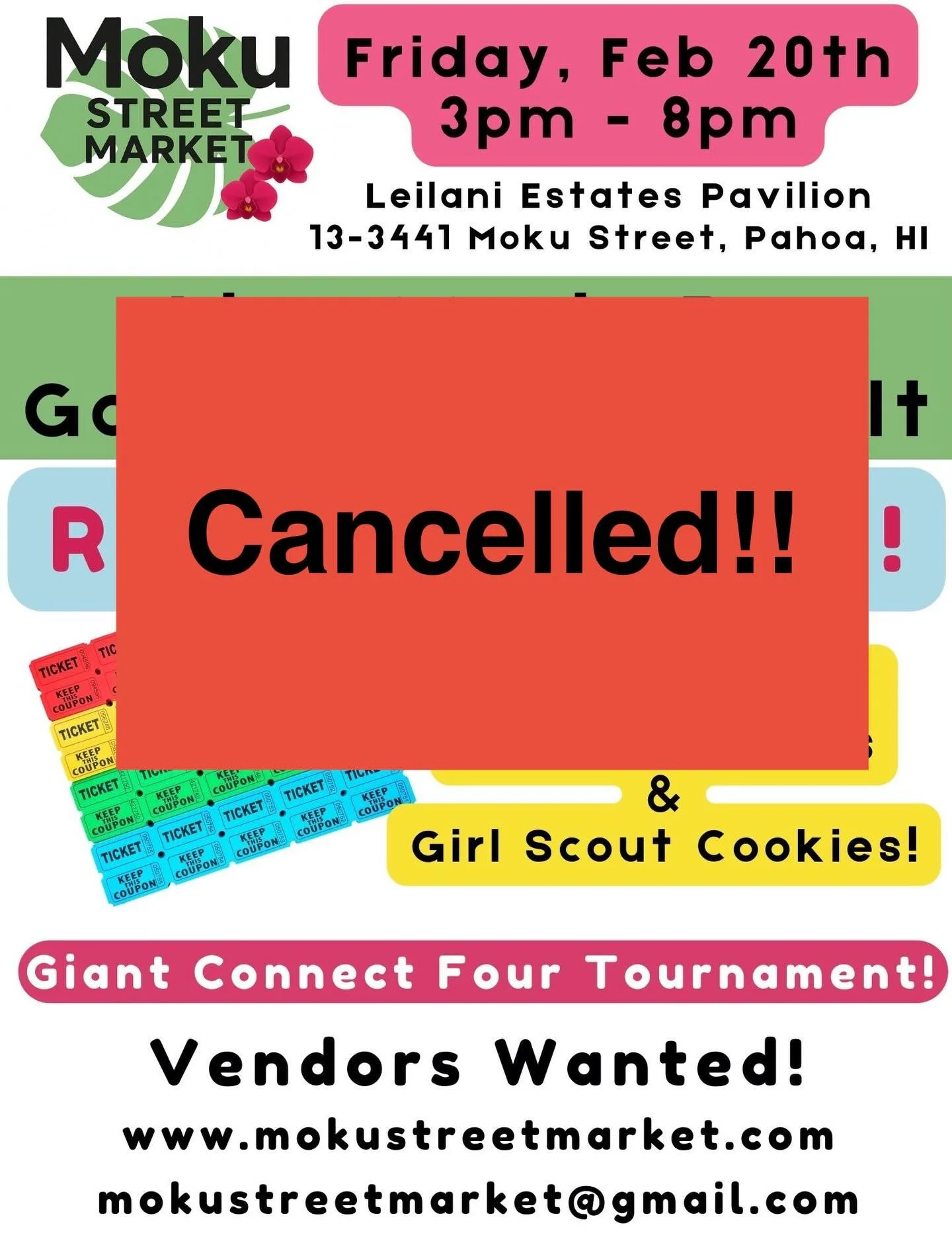 Unfortunately, due to yet another hand of bad weather combined with excessive cancellations, the Moku Street Market has been cancelled for tonight.
Apologies for the late notice and mahalo for your understanding!