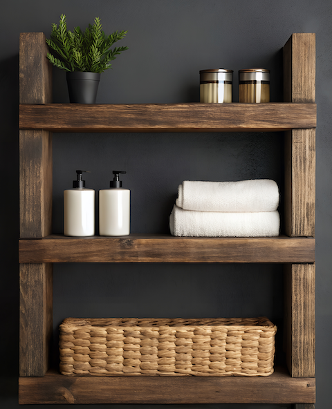 organized bathroom shelves with wicker basket, rolled towels and pump bottles