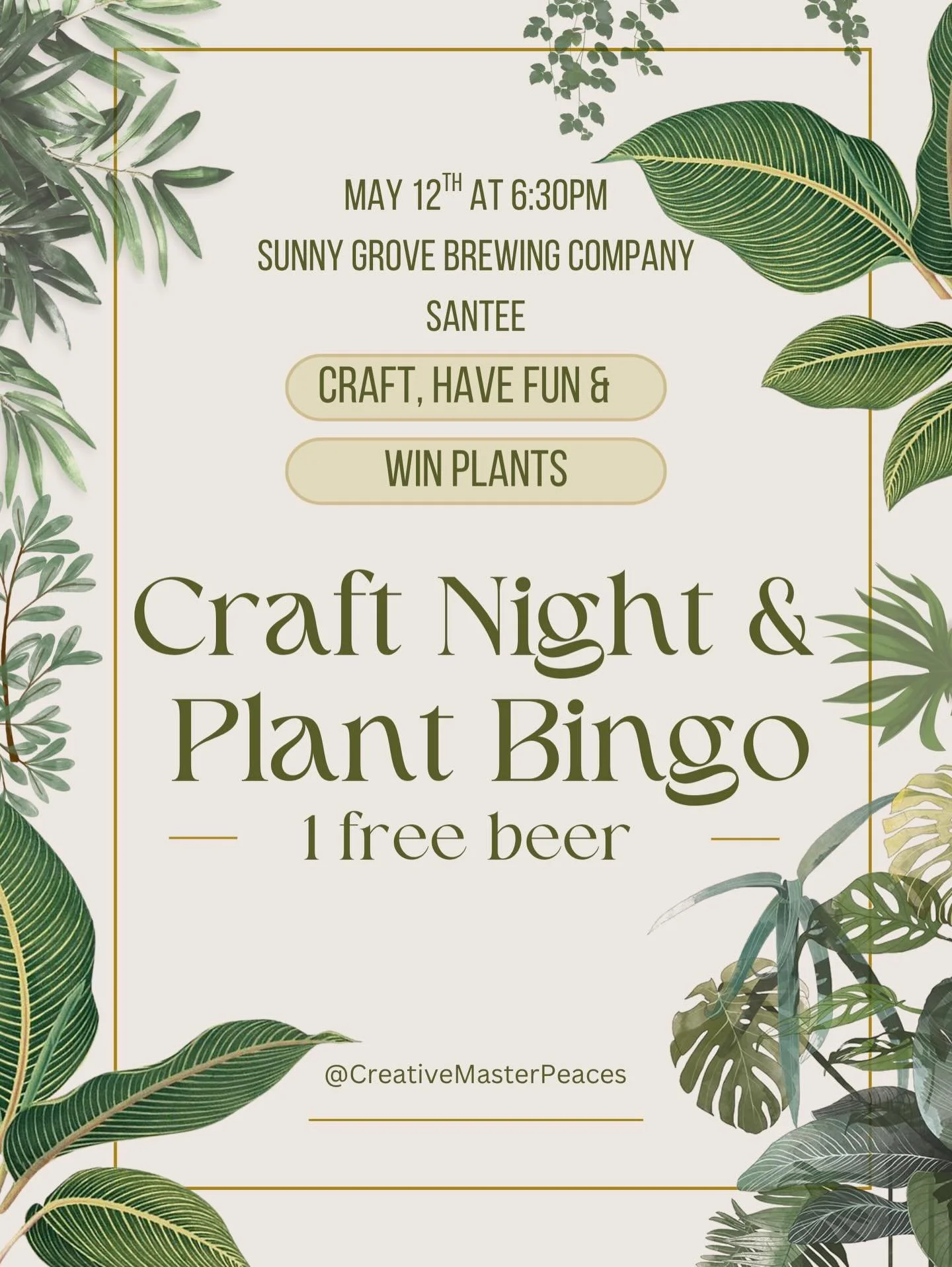 Santee 👀🌿
We&rsquo;re bringing Plant Bingo &amp; Craft Night to Sunny Grove Brewing Company 

🗓 May 12
⏰ 6:30 PM

Think: plants, crafting, drinks, and a little friendly bingo competition 🍻✨

Last events SOLD OUT&hellip; so don&rsquo;t wait on thi