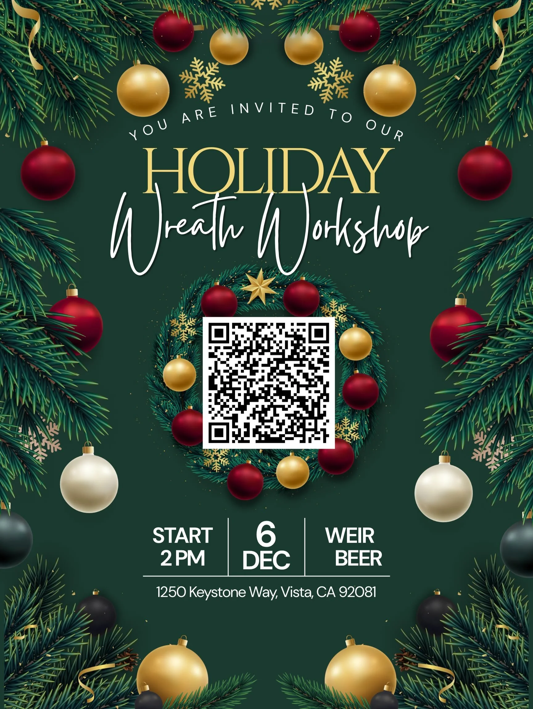 🎄 Holiday crafting season is here!

Join us on December 6th at Weir Beer in Vista for our Holiday Wreath Workshop!

Get creative and design your own festive holiday wreath, perfect for decorating your home this season. We&rsquo;ll provide all the su