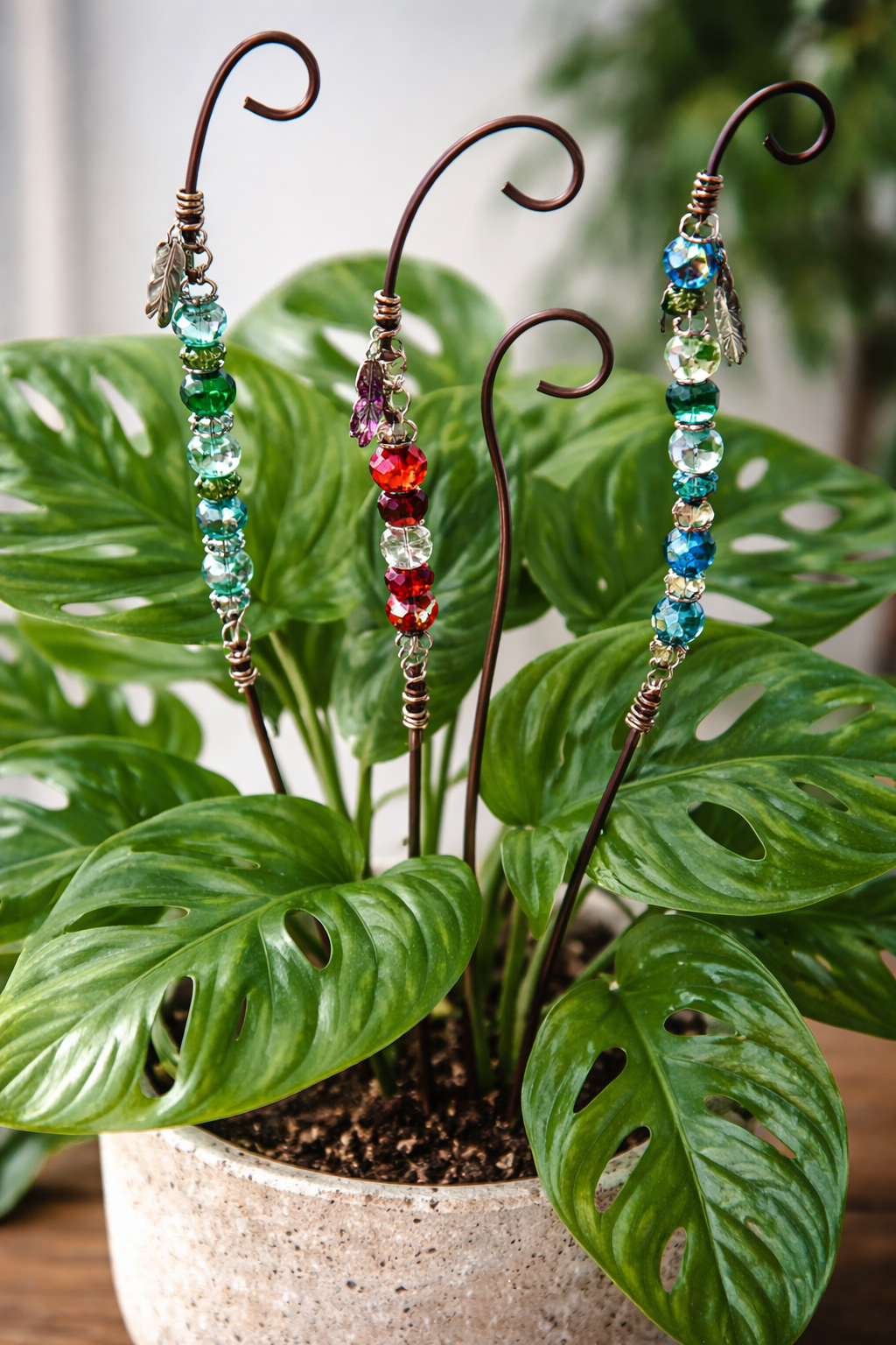 Beaded plant stakes in Monstera pot.png