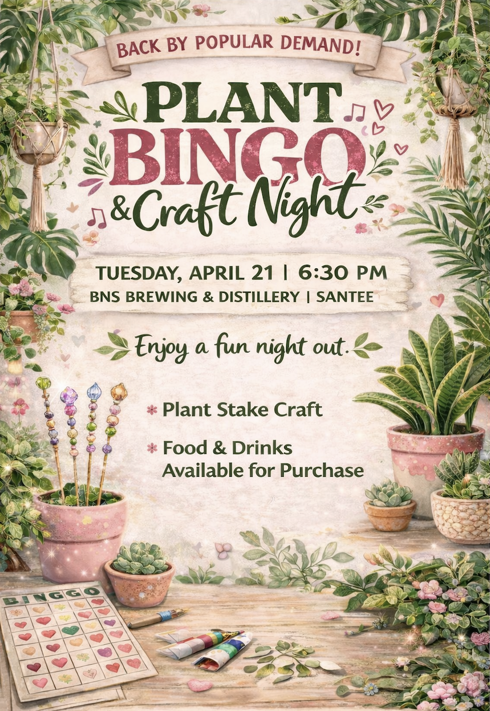 plant bingo and craft night information flyer