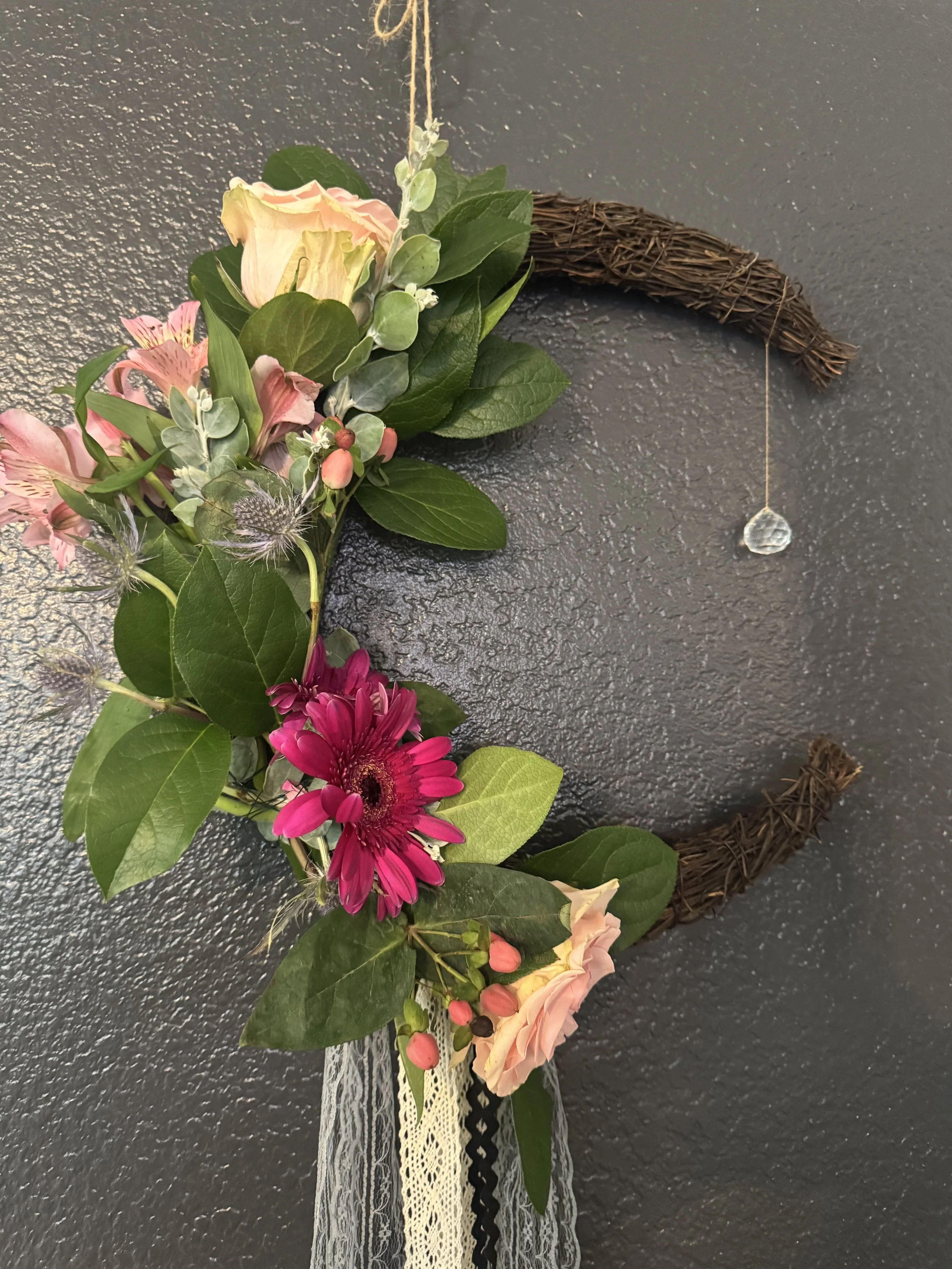 Floral moon wreath with crystal and ribbons