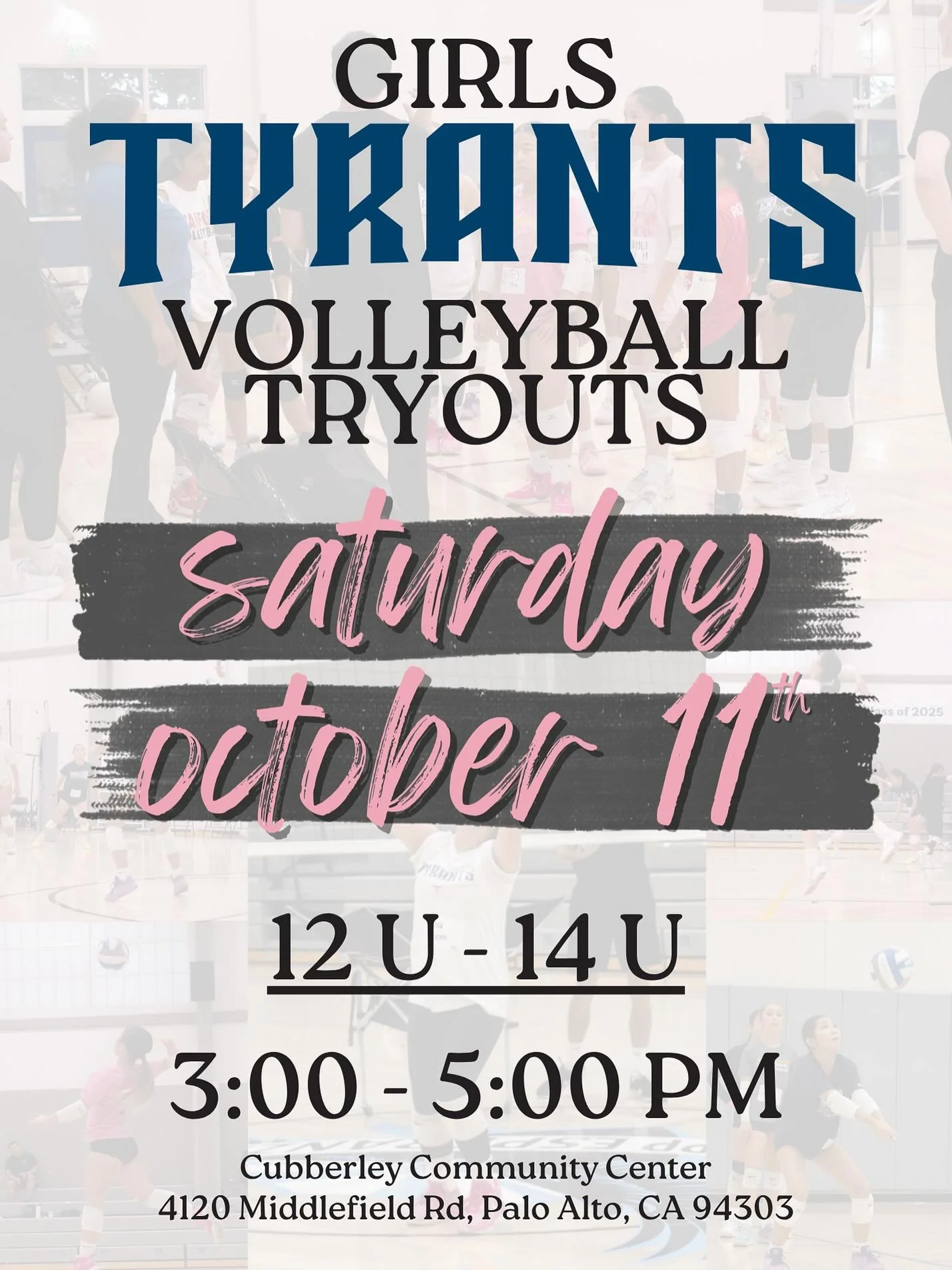 🗓️Mark your calendars: Palo Alto Girls Volleyball tryouts are here!
✏️Register using the link in our bio.
📍October 11th
12U - 14U | 3:00-5:00PM
4120 Middlefield Rd, Palo Alto, CA 94303