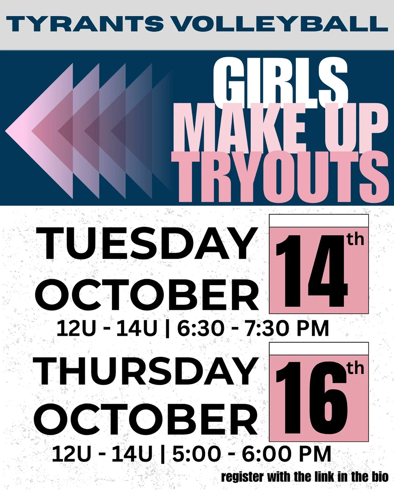 Last chance to tryout for one of our Tyrants teams this season. We have 1 or 2 spots left for our U12-U14 teams. Register using the link in the bio!
#clubtryouts #tyrants #volleyball #ncva #clubvolleyball