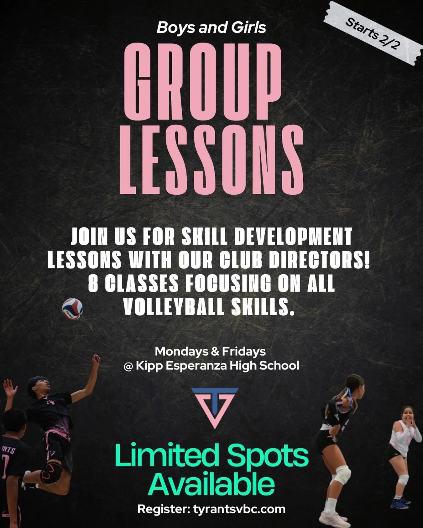 Our Skill Development Lessons are a clinic-style group training program led by Club Director, Taylor Ho, for current or aspiring club volleyball athletes. This program focuses on refining all fundamental volleyball skills with an emphasis on technica