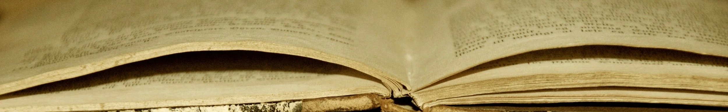 Close-up of an open, aged book with yellowed pages.