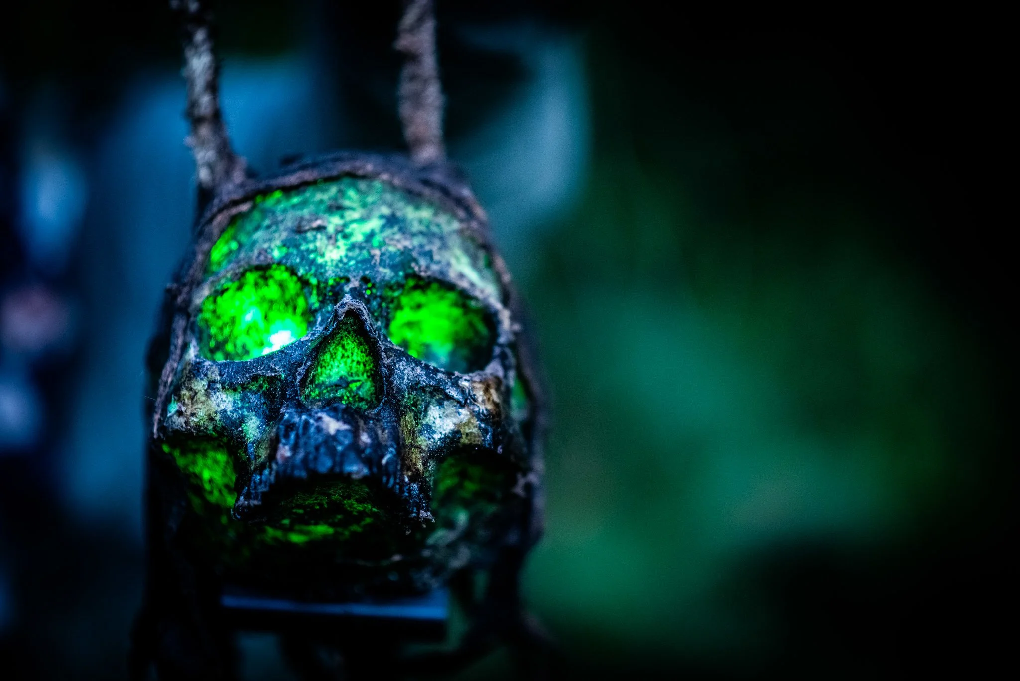 Close-up of a dark, weathered skull with glowing green eyes and nose area, set against a dark background.