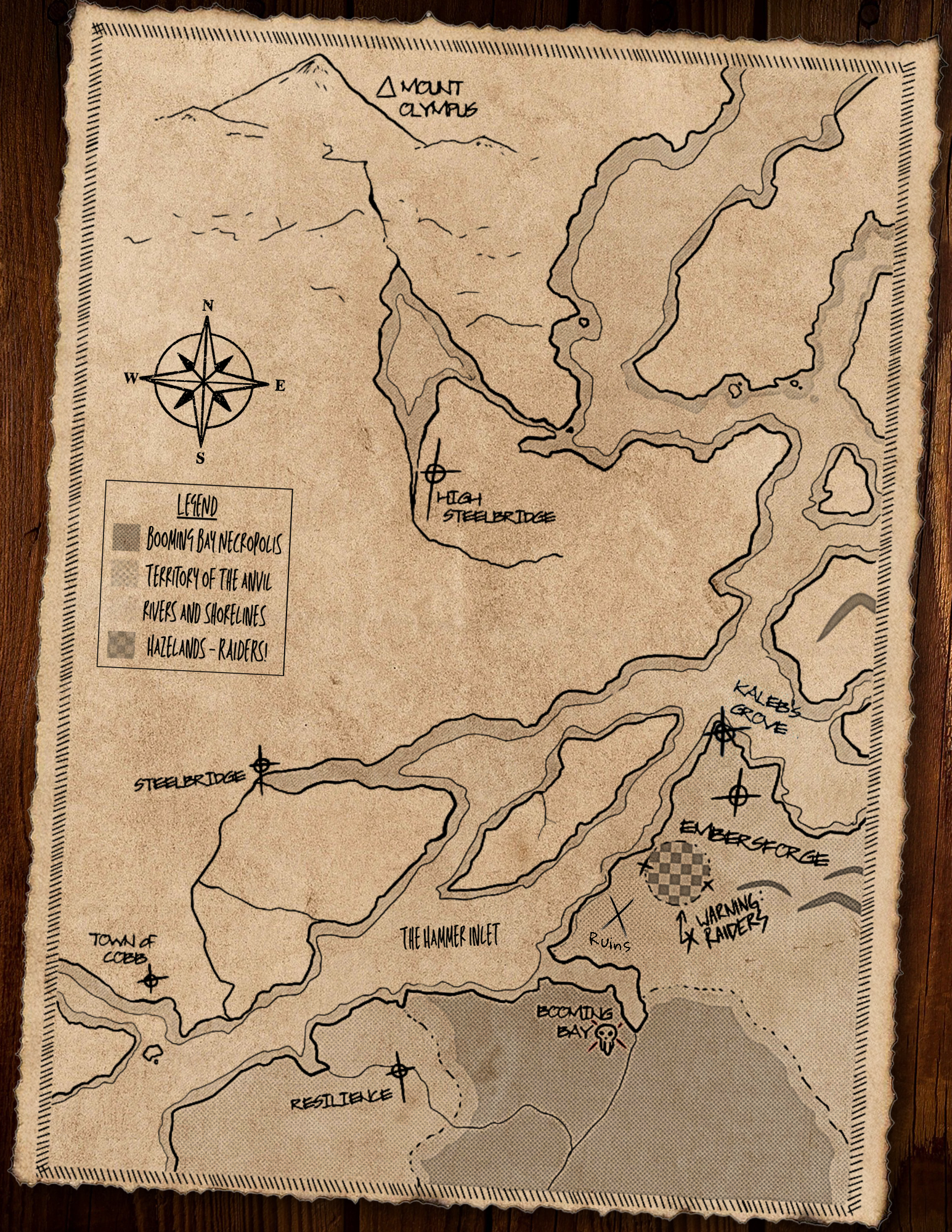 A hand-drawn fantasy map on parchment paper showing rivers, mountains, and fictional locations like Mount Olympus, High Steelbridge, Kaleb's Grove, and Booming Bay. The map includes a compass rose and a legend with symbols indicating a necropolis, rivers and shorelines, and raiders.