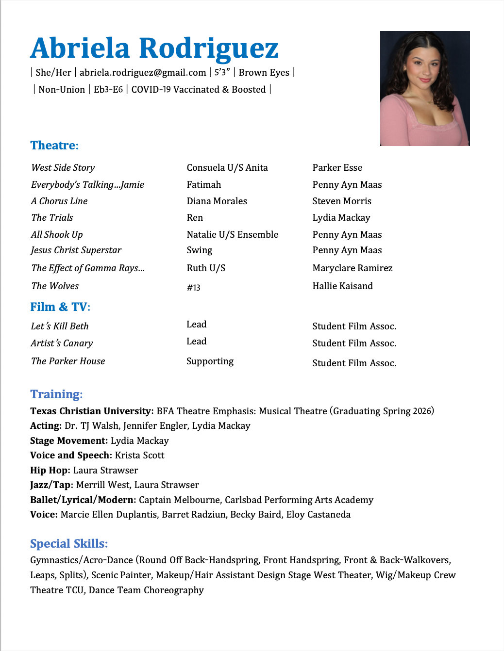Abriela Rodriguez Actor Dancer Singer Resume