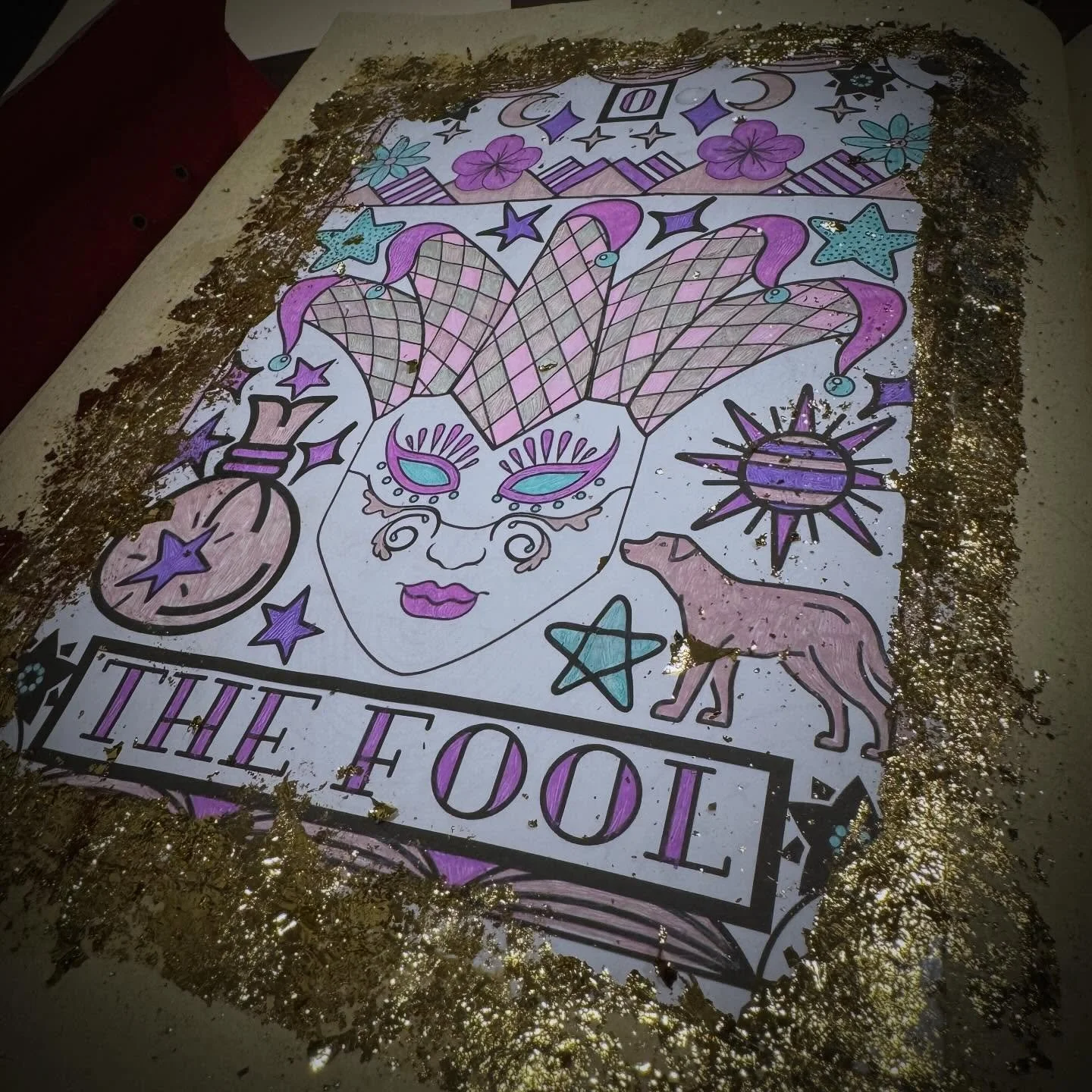 Working on a section for the Major Arcana in my Grimoire. I committed to gold leaf framing, not realizing it&rsquo;s VERY glitter adjacent. Have you ever heard the saying &ldquo;glitter is the herpes of craft supplies&rdquo;?. 🤦&zwj;♀️ #witchesgrimo