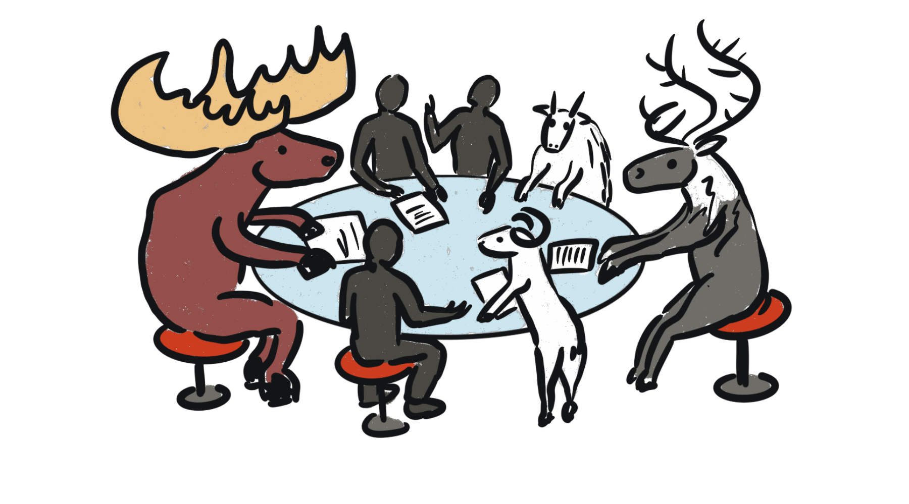 Illustration of animals with human bodies sitting around a table with papers, including a moose, unicorn, wolf, and a yeti, engaged in a meeting or discussion.