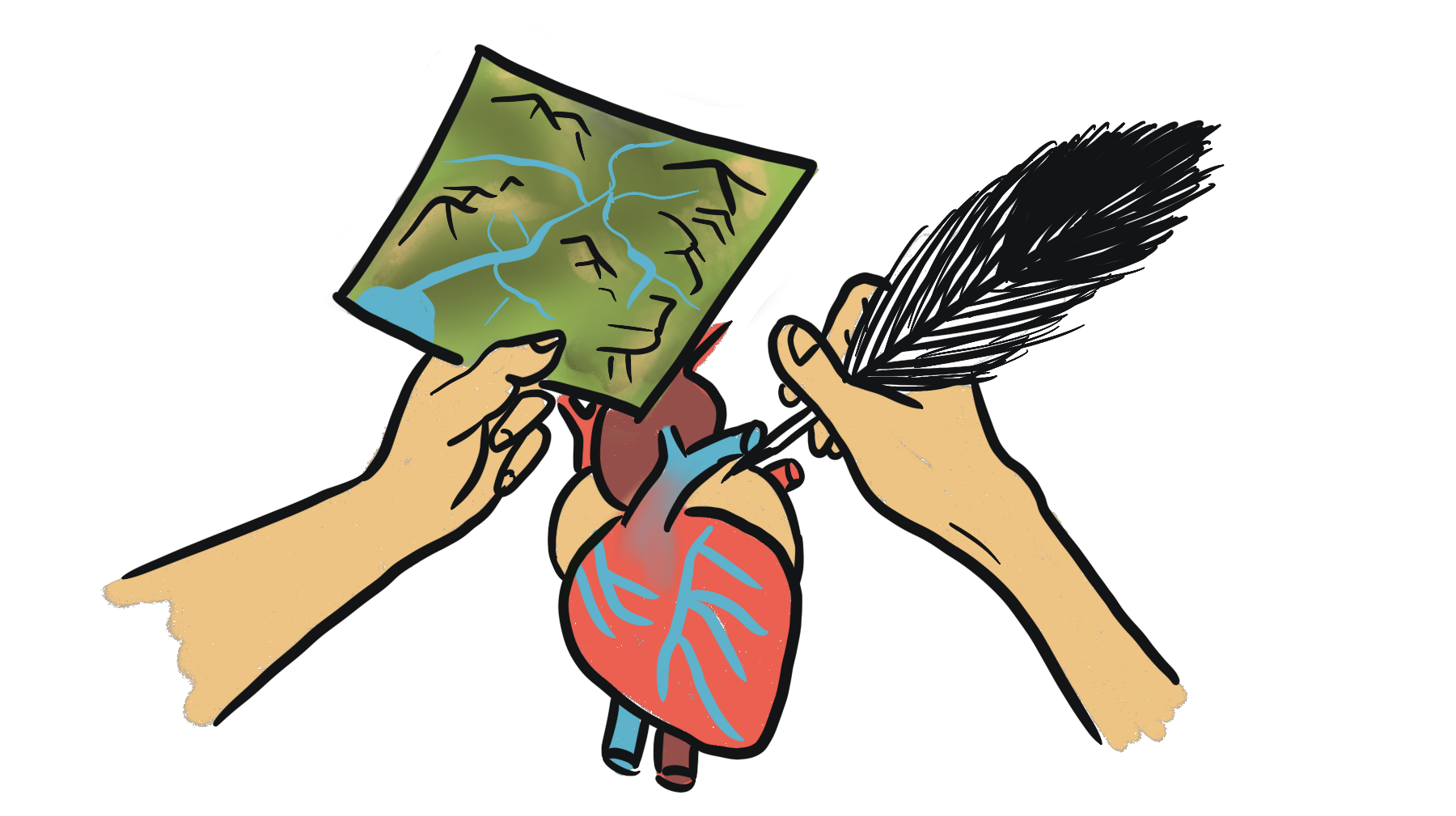 Illustration of hands holding a map, a quill, and a heart with arteries, symbolizing exploration and emotion.