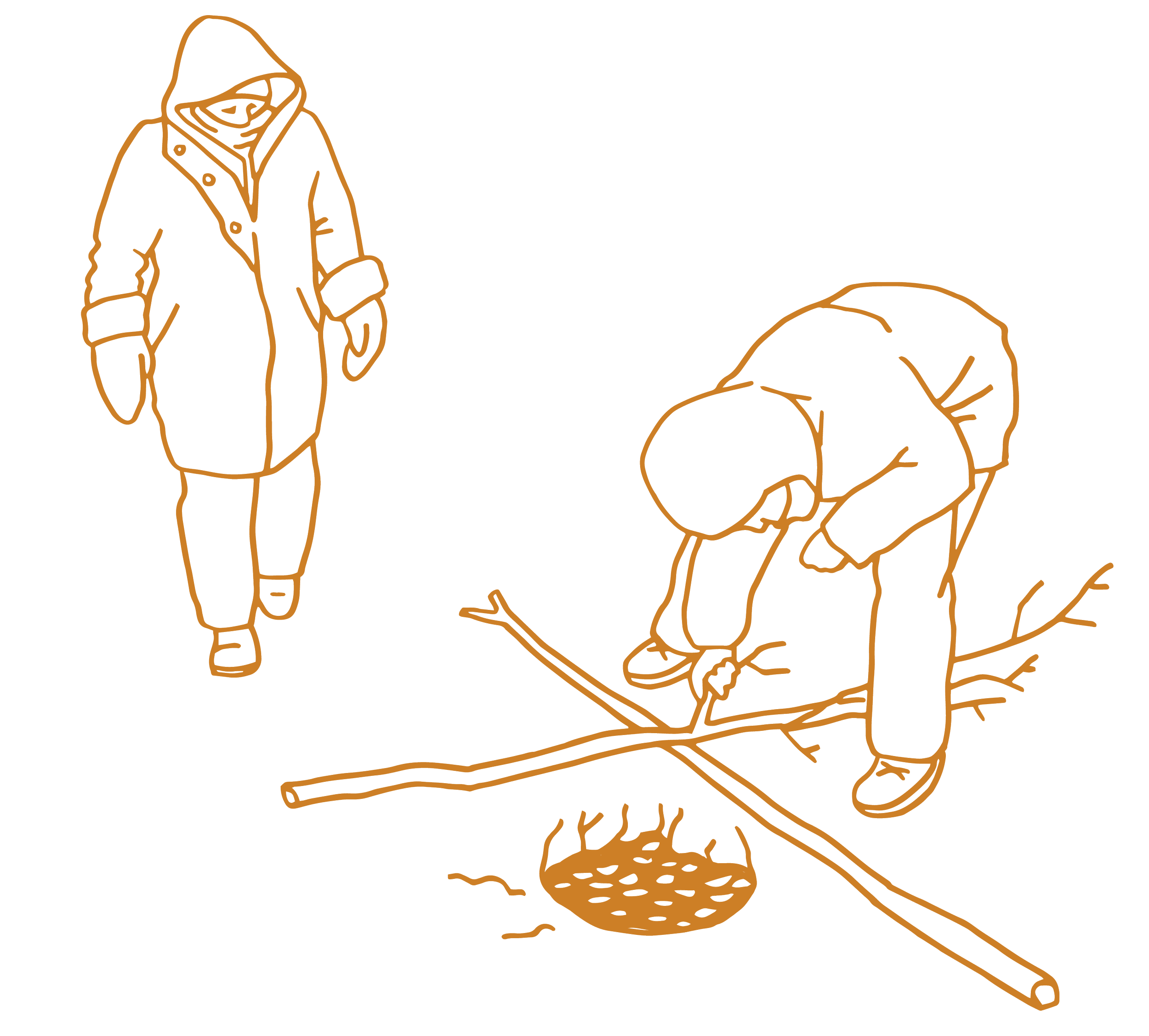 Line drawing of a person standing and another person kneeling on the ground, tying a knot on a stick, with a nest in front.