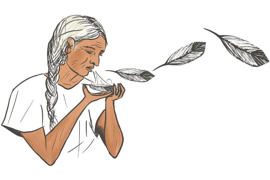 An illustration of an elderly woman with white hair drinking from a bowl, with feathers in the background.