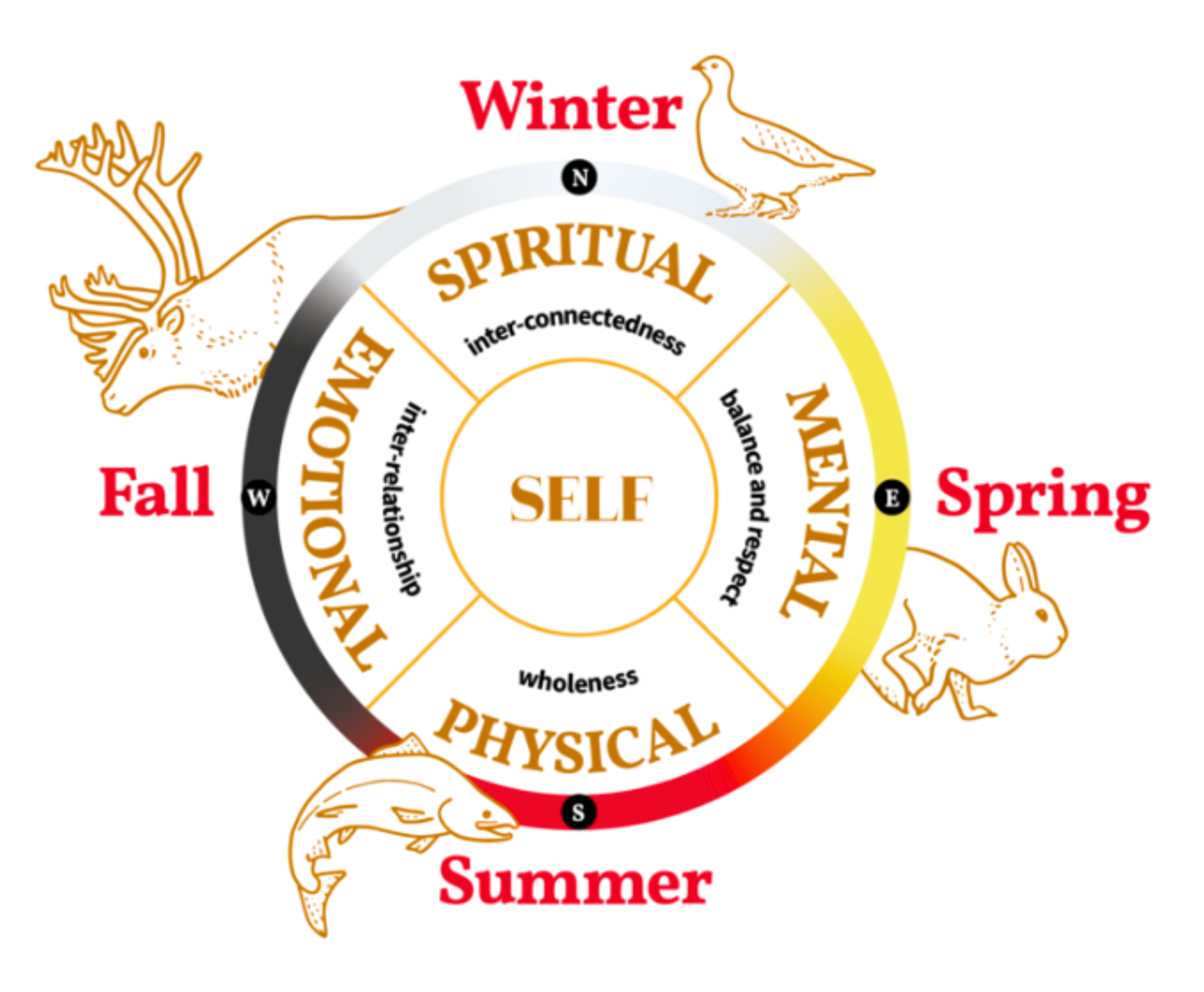 A circular diagram illustrating the four seasons with associated spiritual, emotional, physical, and emotional states, centered around a core labeled 'SELF'. The seasons are Winter, Spring, Summer, and Fall, with animals and symbols depicting each season.