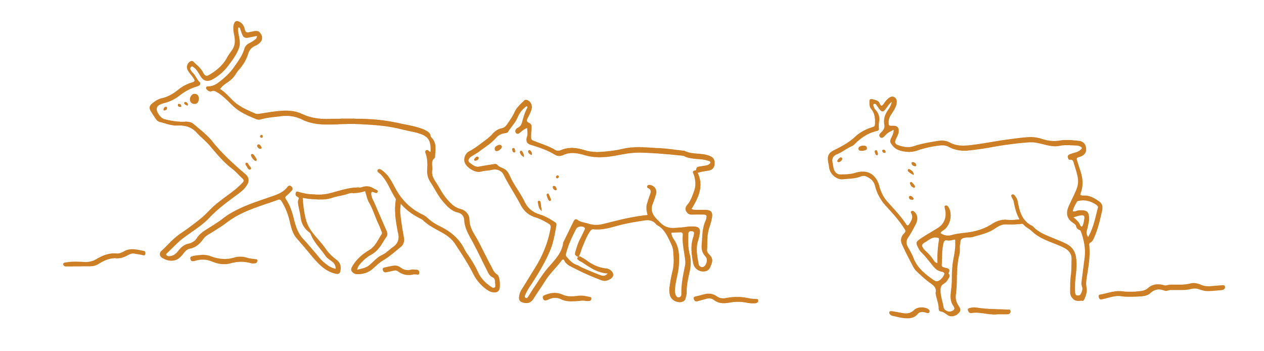 Line drawing of three animals, possibly deer or similar, moving from left to right.