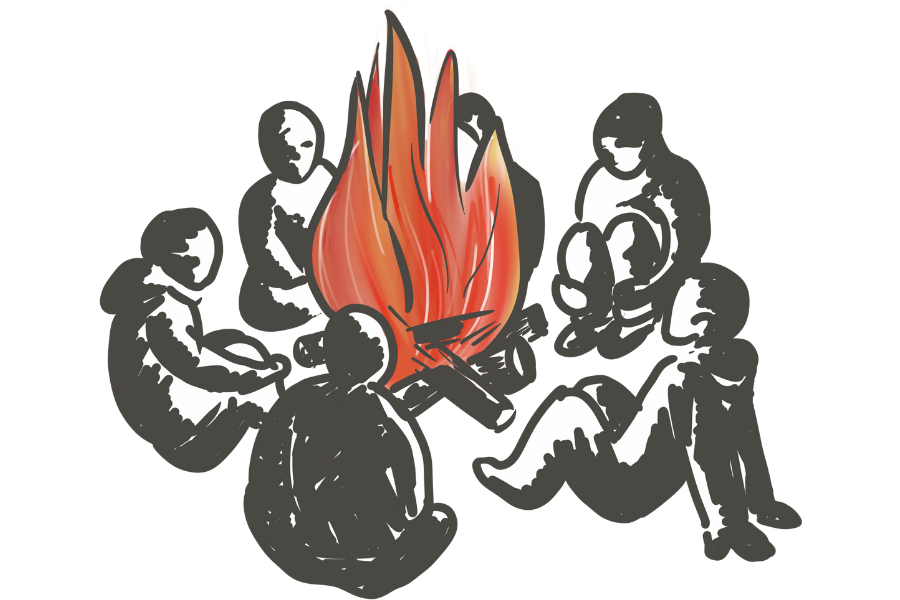 Illustration of six children sitting in a circle around a campfire, roasting marshmallows.