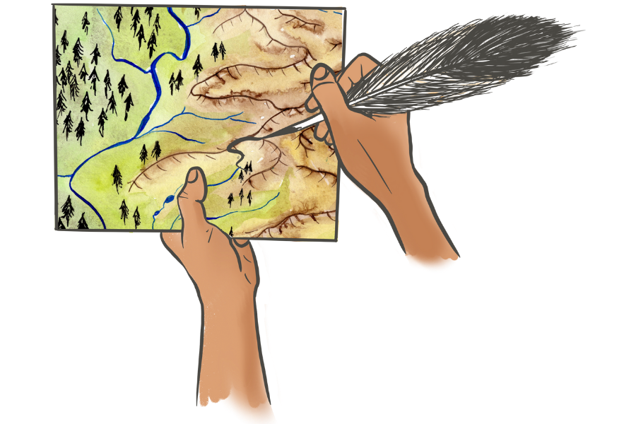Illustration of a hand writing or drawing on a map of a landscape with rivers and forested areas, using a quill pen.