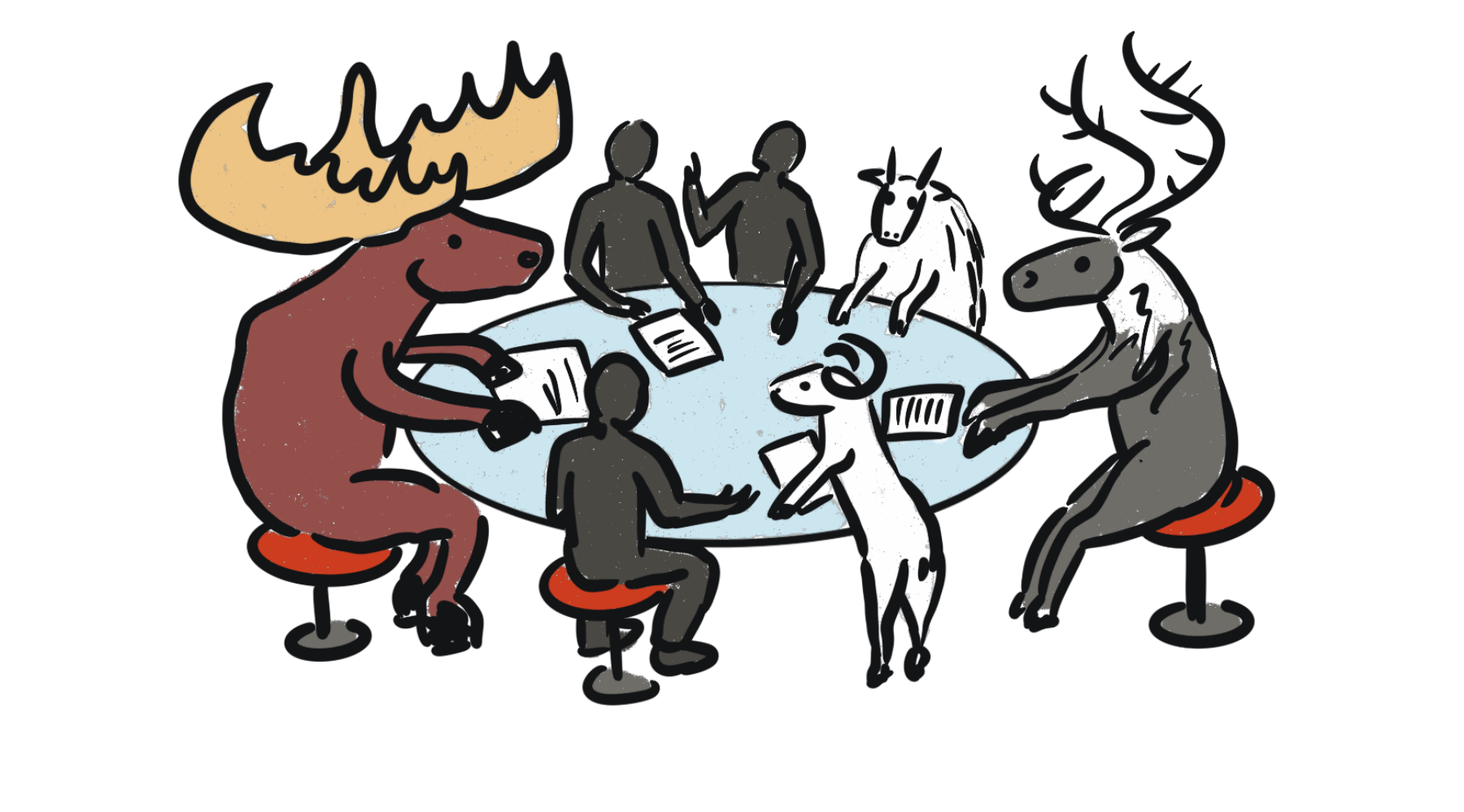 Illustration of a meeting with various humanoid animals, including a moose with a red hat, a unicorn, a horse with a pipe, and a moose with smoke, seated around a round table with documents.