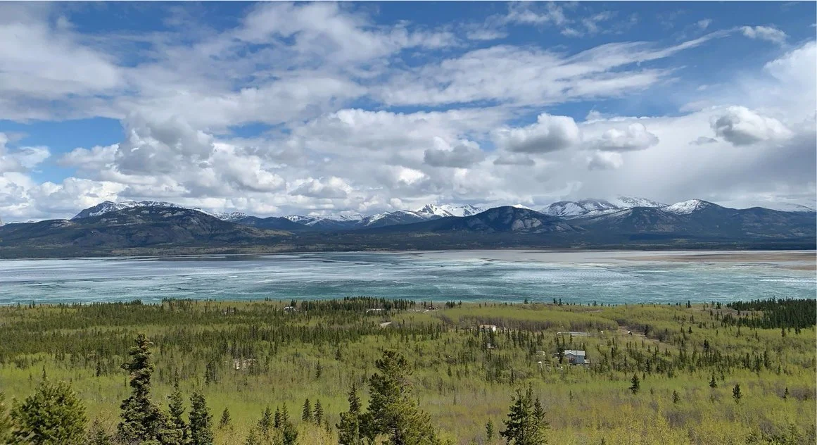 Scenic landscape of a lake with snow-capped mountains in the background, green forest in the foreground, and partly cloudy sky.