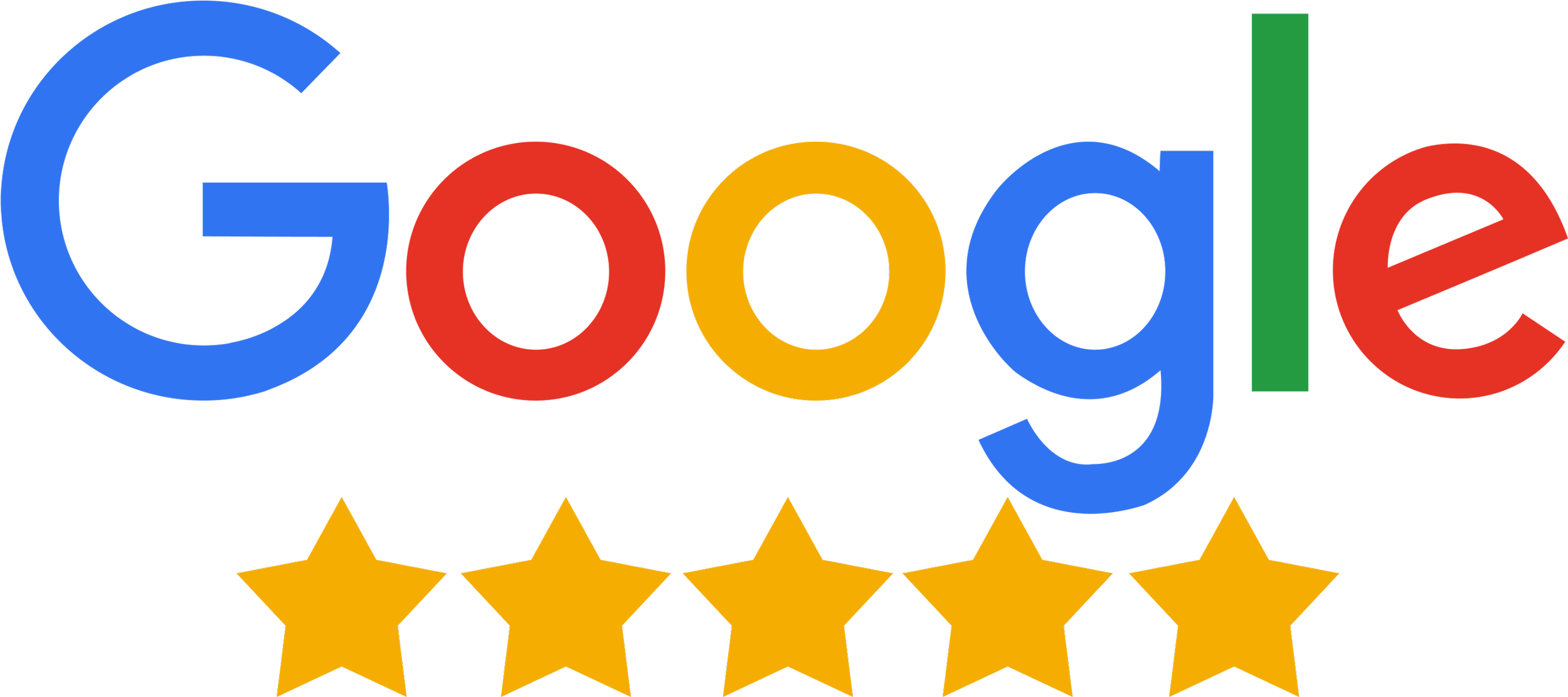 Google logo with colorful letters and five gold stars below.