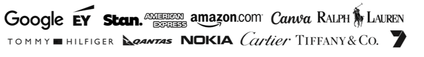 A collection of logos from various brands and companies, including Google, EY, Stan., Amazon, Canva, Ralph Lauren, Tommy Hilfiger, Qantas, Nokia, Cartier, Tiffany & Co., Ralph Lauren, and 7.