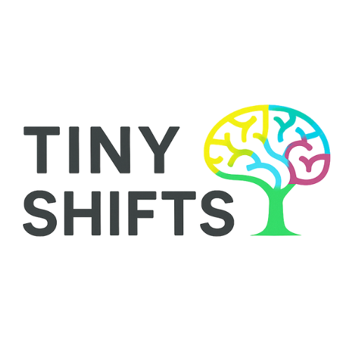 Logo with the words 'TINY SHIFTS' beside a colorful outline of a brain-shaped tree.