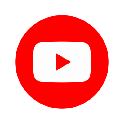YouTube logo with a red circle and white play button icon.
