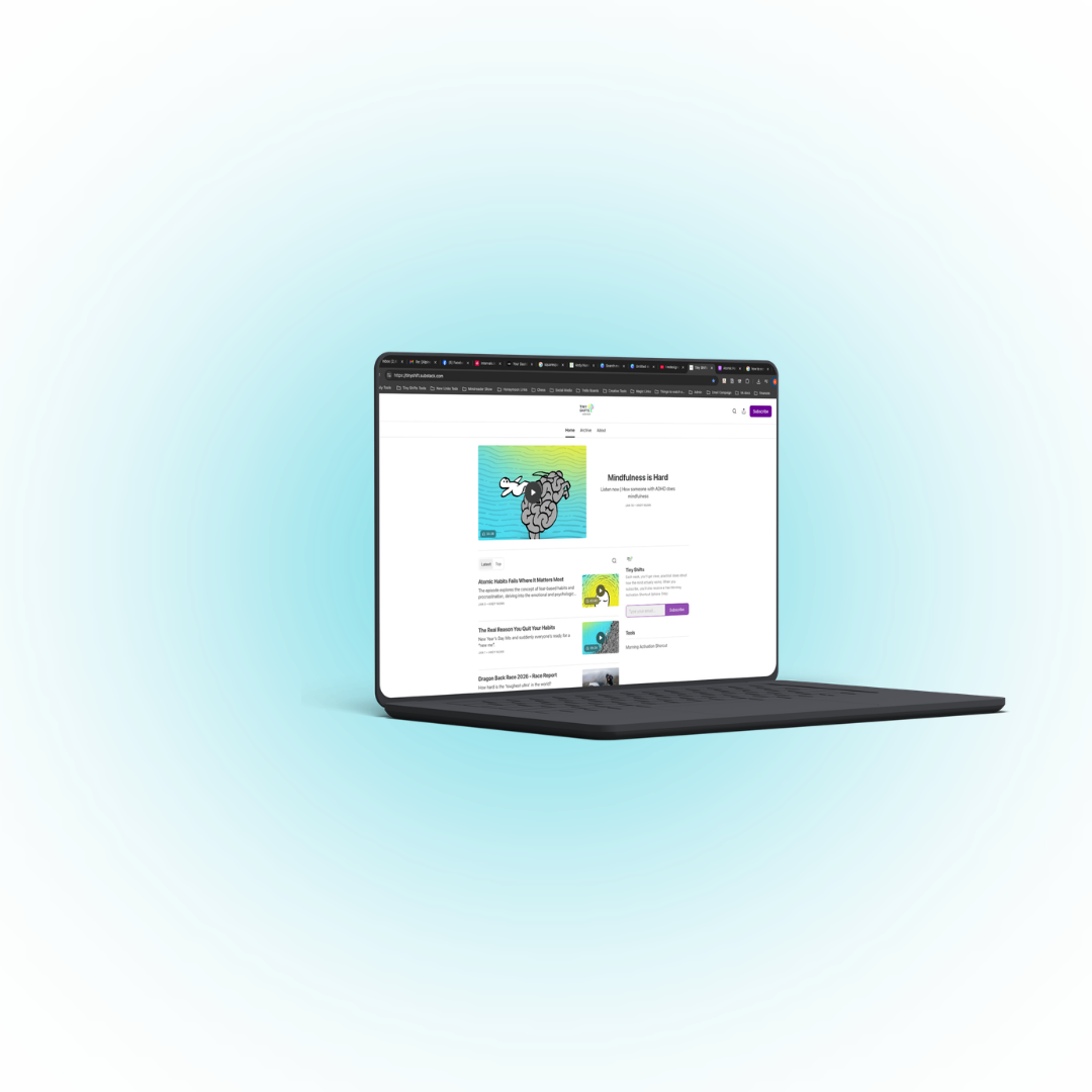 A digital tablet displaying a website about mental health and mindfulness, set against a vibrant, multicolored radial gradient background.