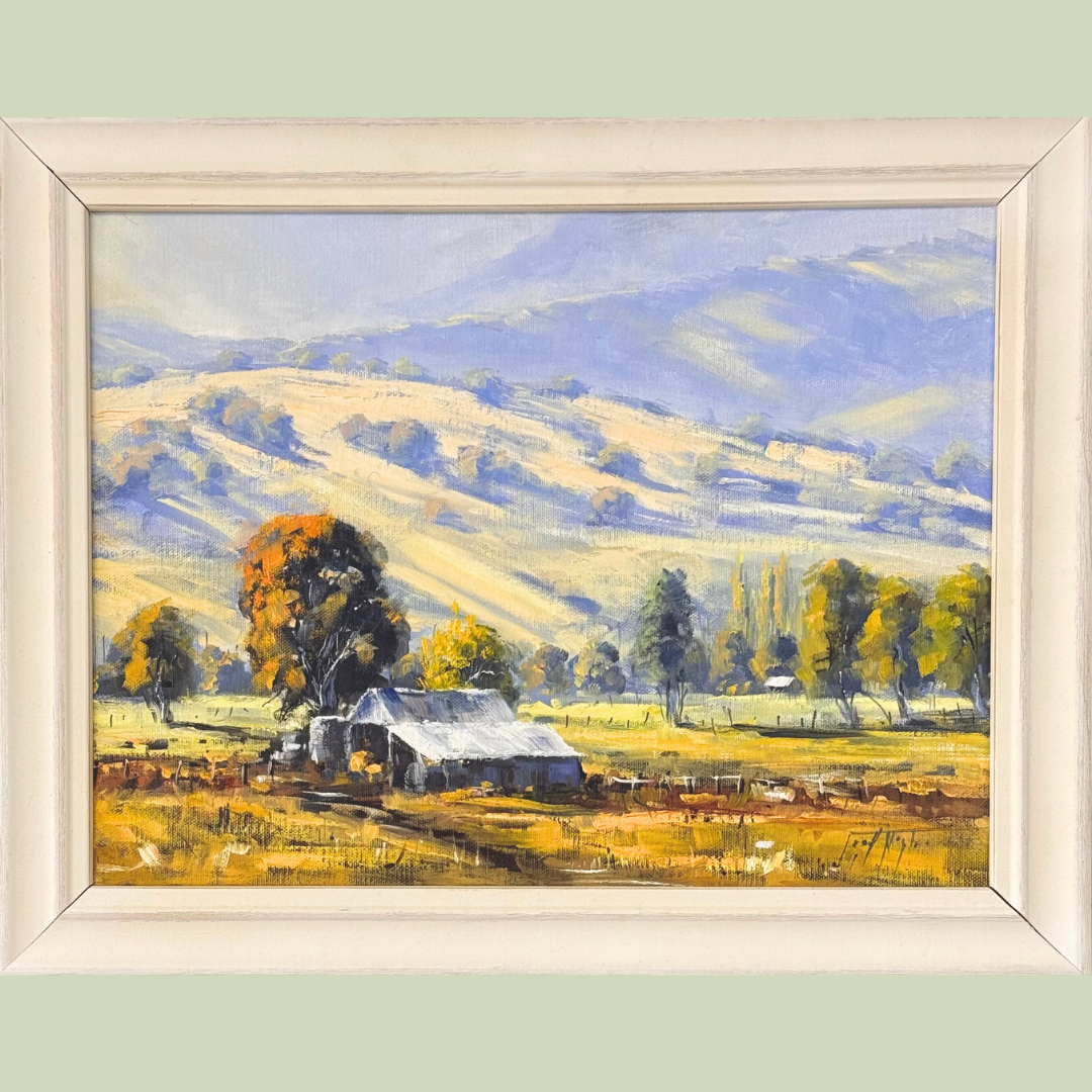 A landscape painting of a rural farm scene with a barn, trees, and rolling hills in the background, created in an impressionistic style with warm and cool tones.