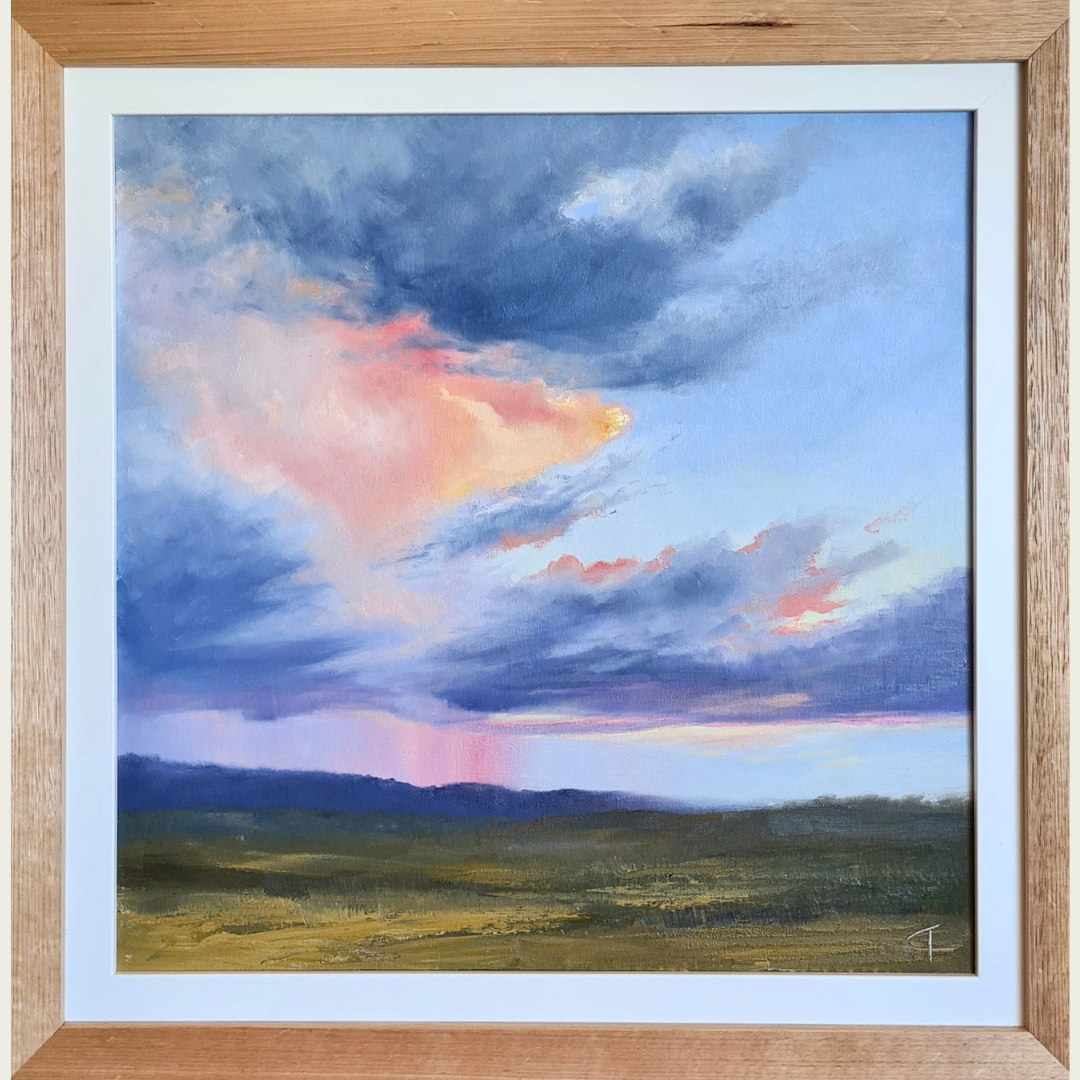 A painting of a landscape scene with a cloudy sky at sunset and rolling hills in the foreground.