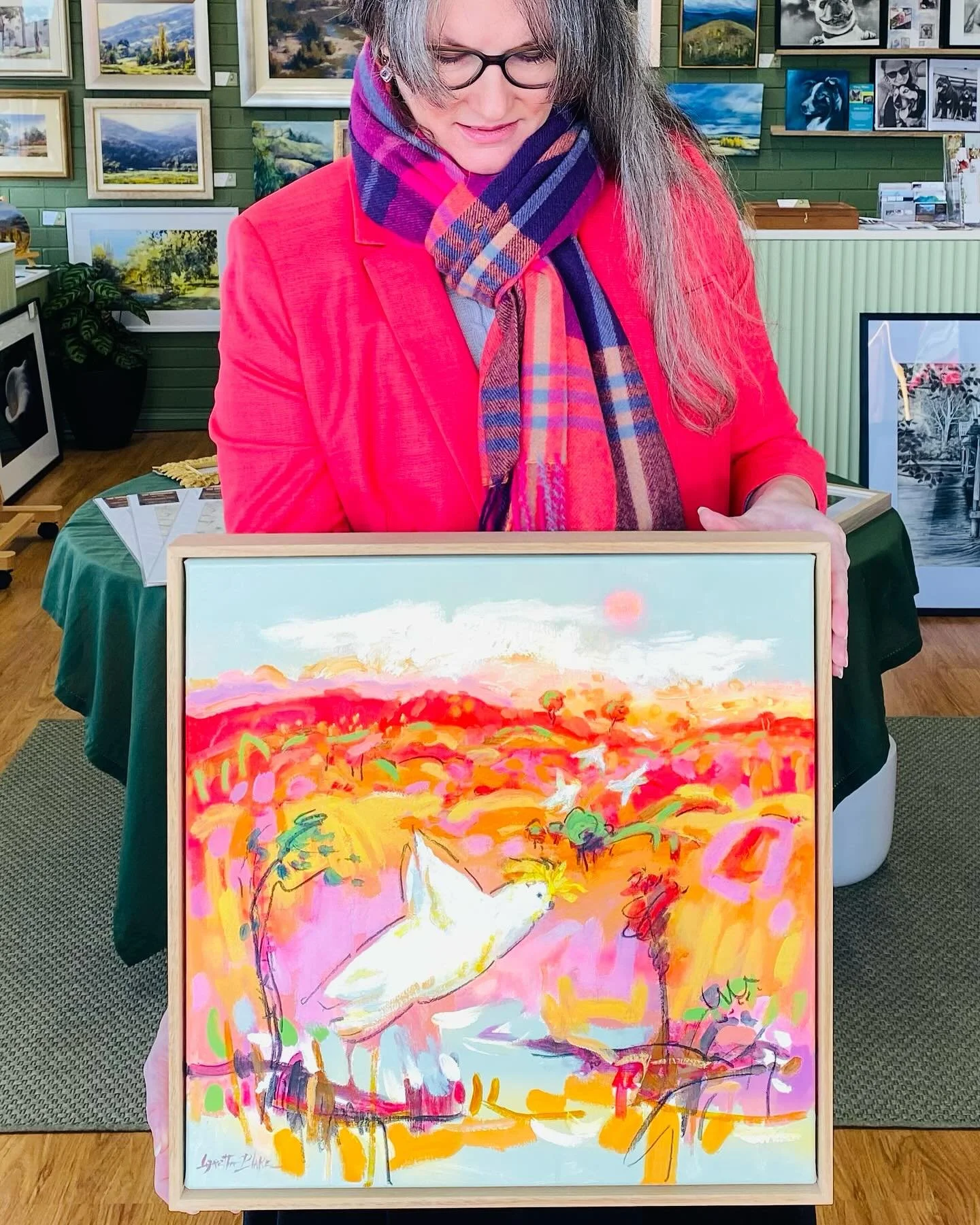 Add some colour and warmth to your walls this winter with gorgeous artwork!  We love the bright cheerful tones and pops of neon in the gallery.  Our favs:

Pic 1 &ndash; Gallery co-owner Rechelle holding a @lorettablake_artist original acrylic &amp; 