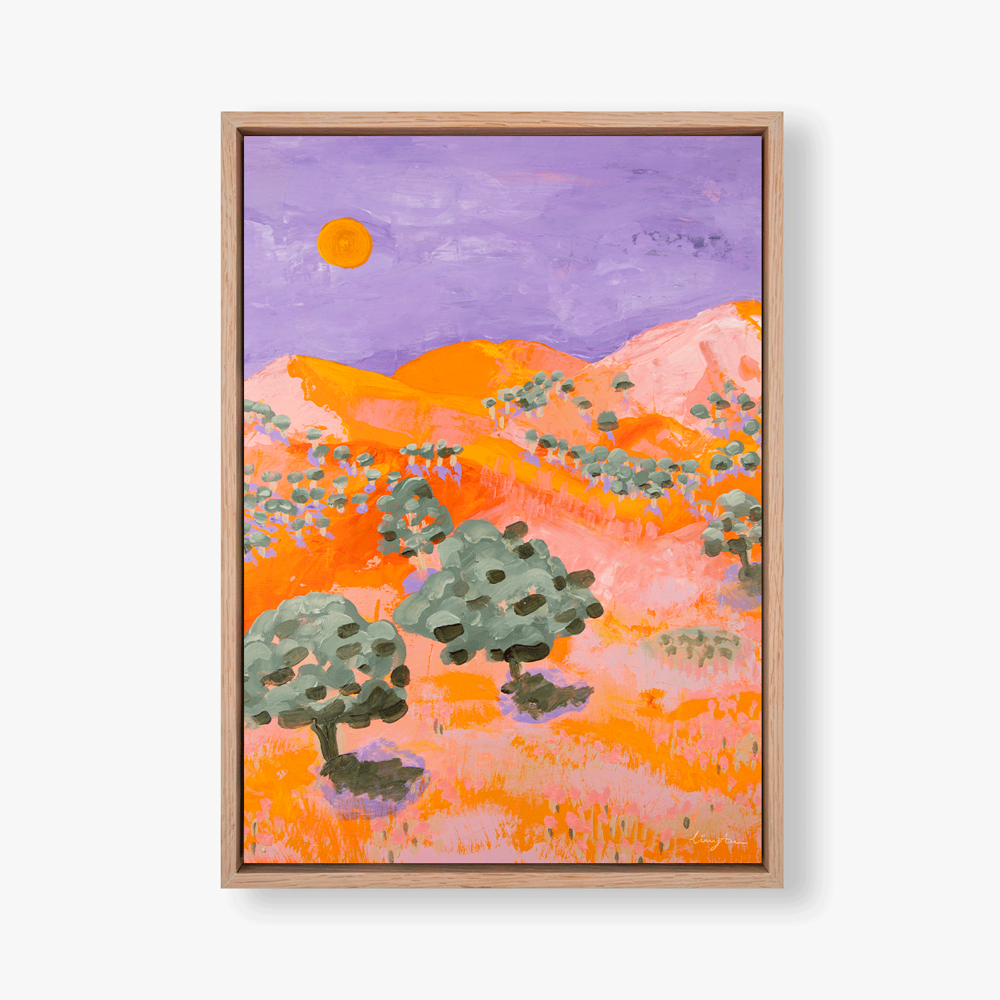 A colorful landscape painting of orange hills, green trees, purple skies, and an orange sun.