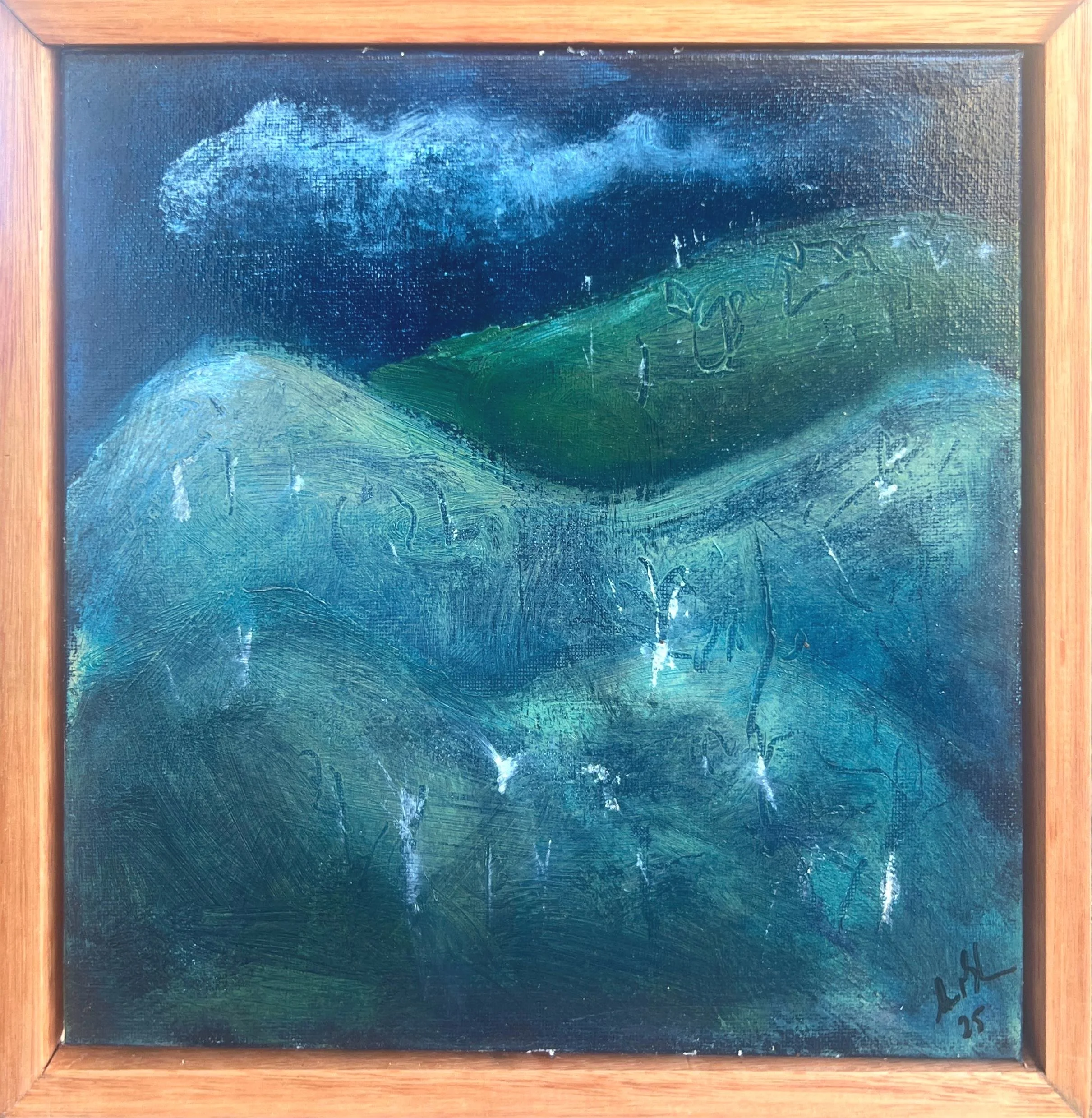 Abstract landscape painting with rolling hills, blue and green colors, and graffiti-style markings.