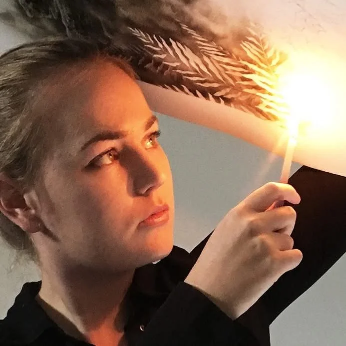 A detailed illustration of two parrots perched on a branch against a background of red and pink flowering branches.