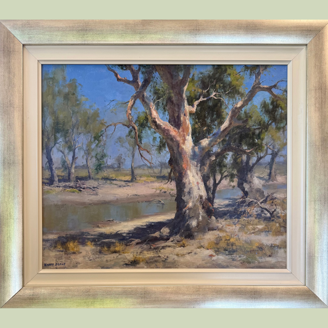 A landscape painting of a large tree with twisted branches near a small body of water, with more trees in the background, painted in soft natural colors.