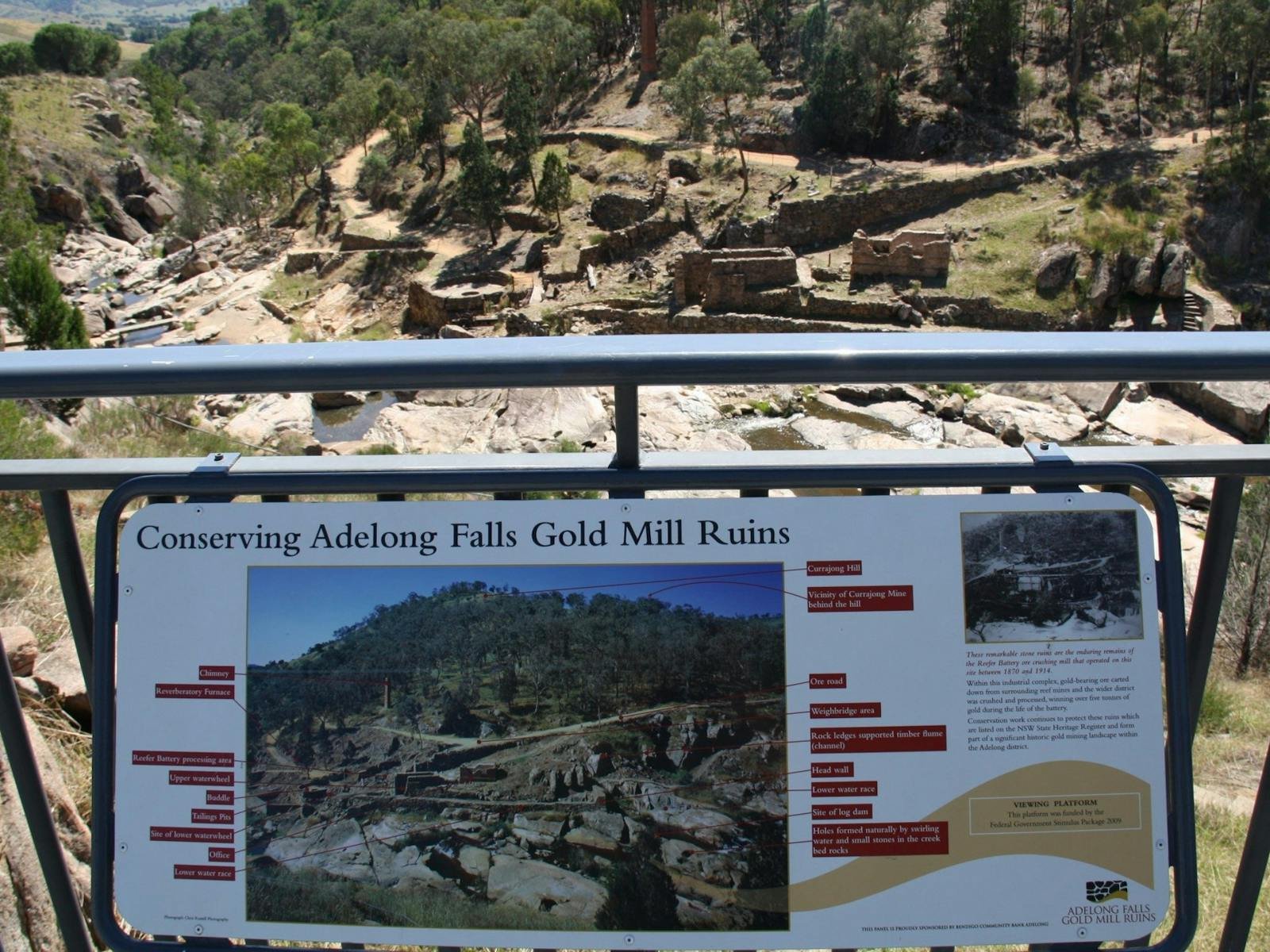 An informational sign at Adelong Falls Gold Mill Ruins showing a map and description of the site, with ruins visible in the background.