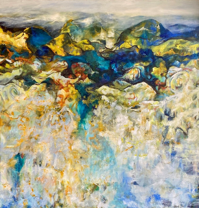 Abstract painting with blue, yellow, white, and gray colors depicting mountain reflections in water.