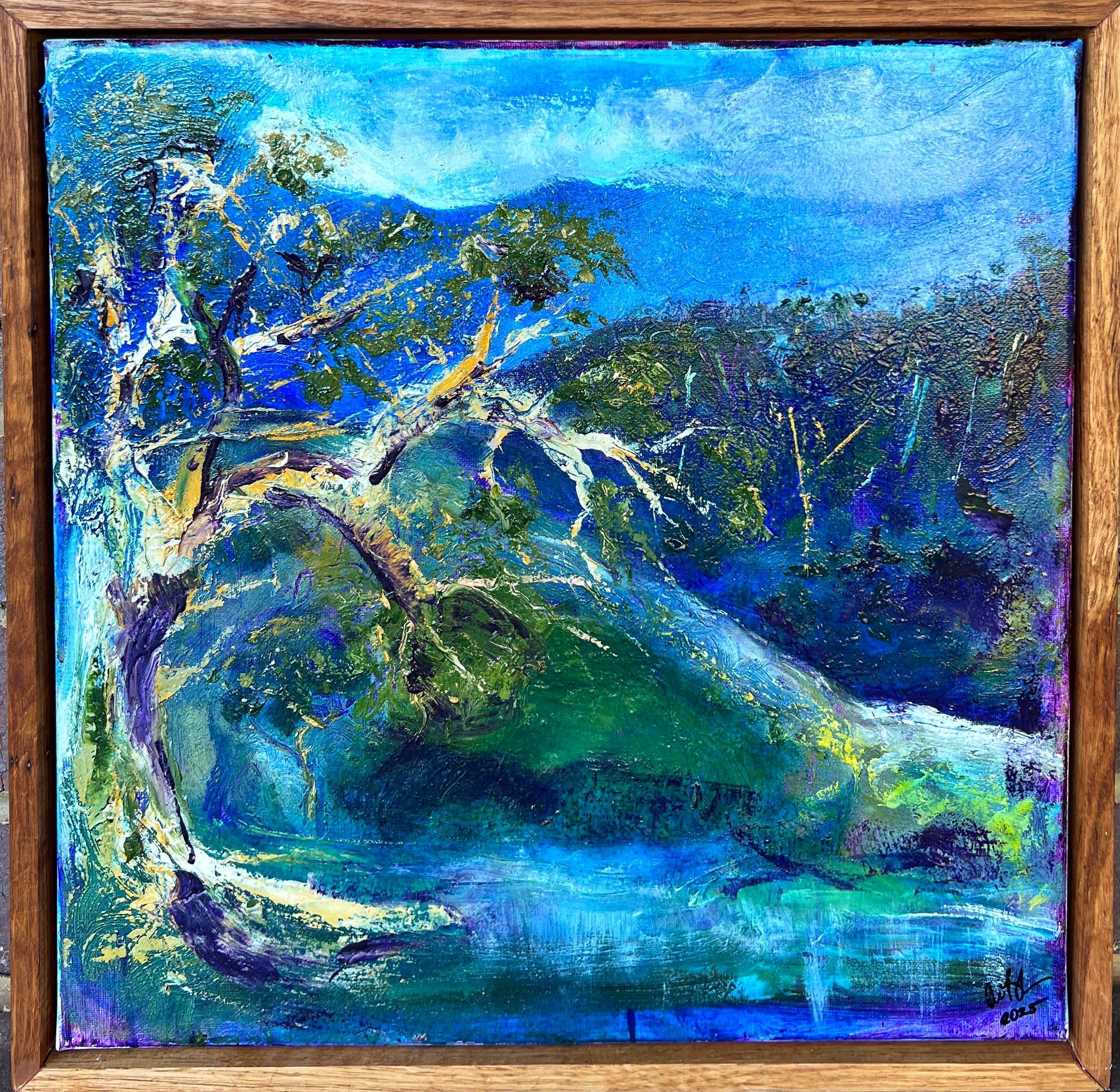 An abstract landscape painting featuring a large, twisting tree in the foreground, a flowing water body, and a mountain range in the background, all in shades of blue, green, and purple.