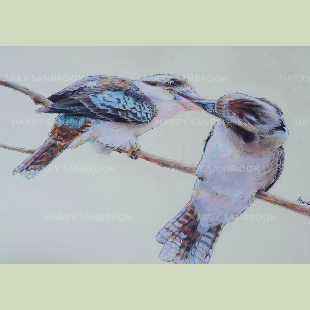 Two small birds perched on a thin branch, one bird feeding the other with its beak.