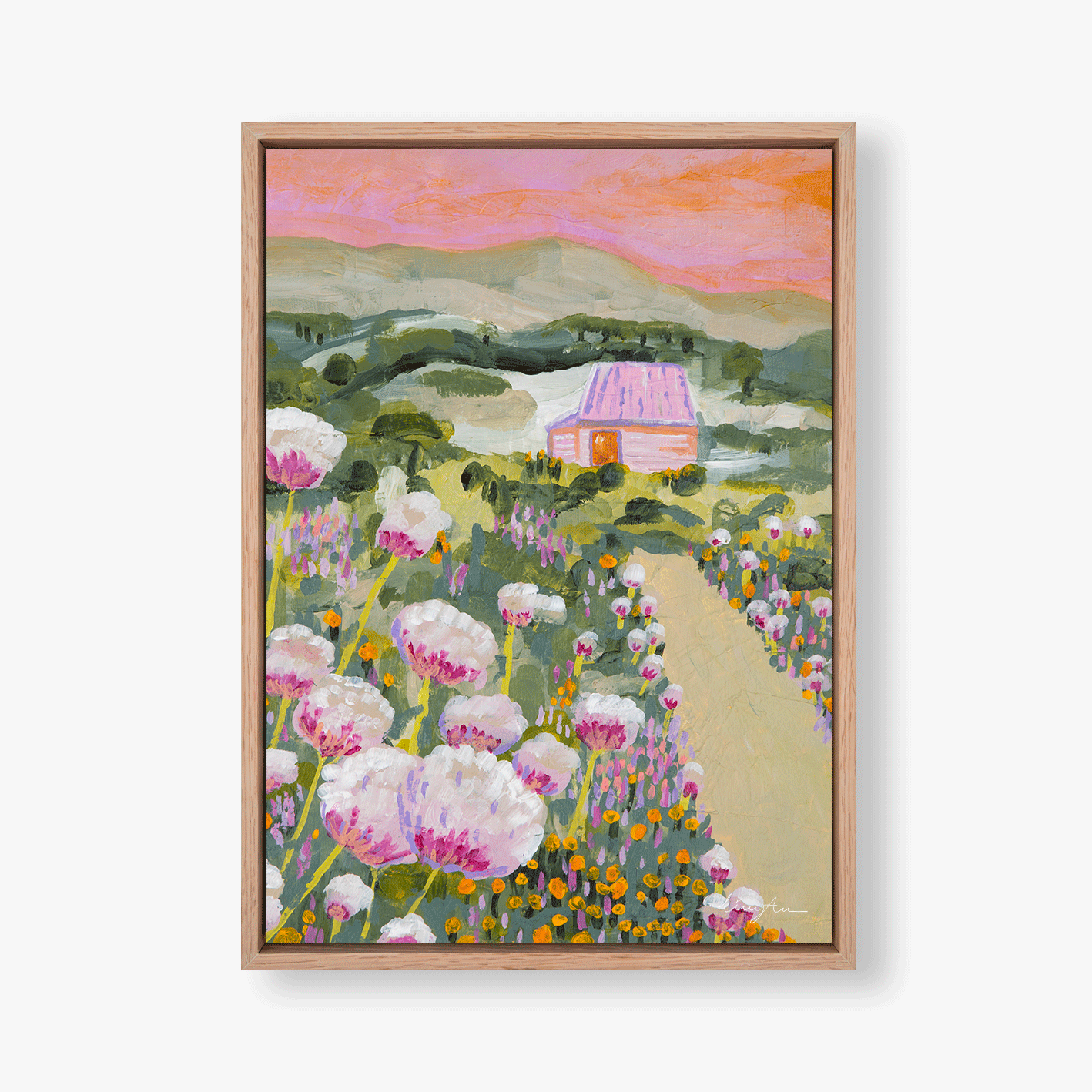 Painting of a scenic landscape with a dirt path leading through colorful flowers to a pink-roofed house, with hills and a pink sky in the background.