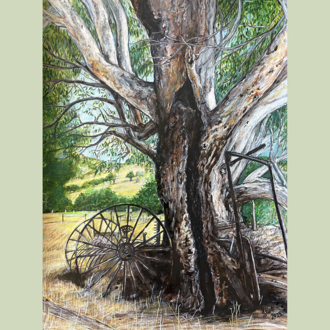 Mixed Media picture of hay rake against a tree