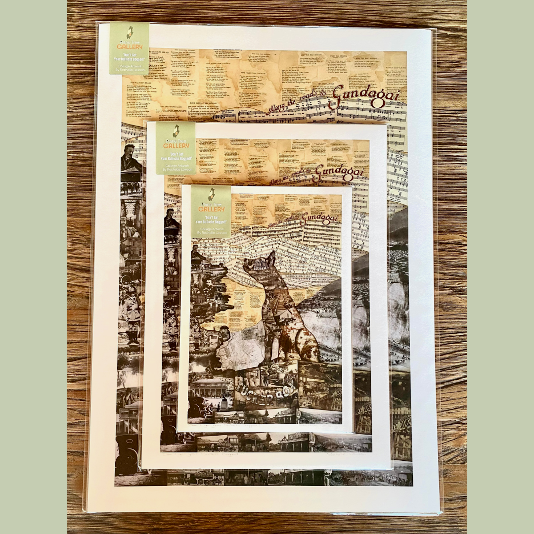 Layered art prints featuring a map outline of Gundagai, Australia, with vintage photographs and musical notes in the background.