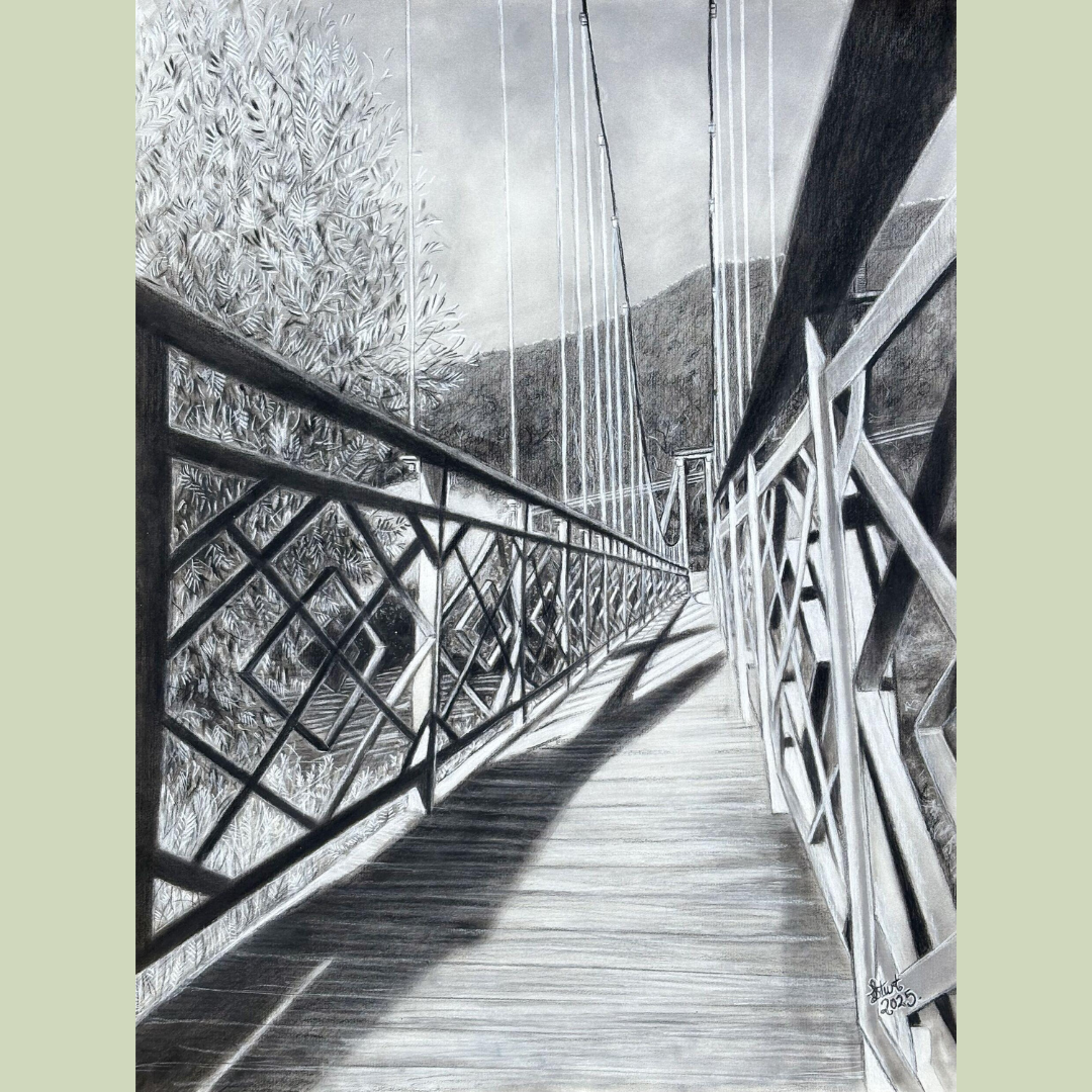 Framed artwork of a Hume and Hovell swinging bridge