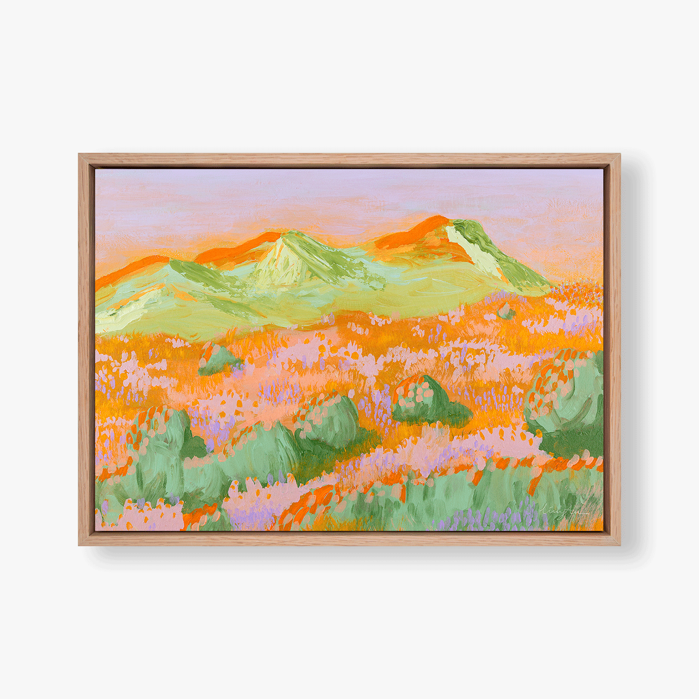 A colorful painting of a mountain landscape with pink, orange, green, and purple hills and mountains under a pink sky.