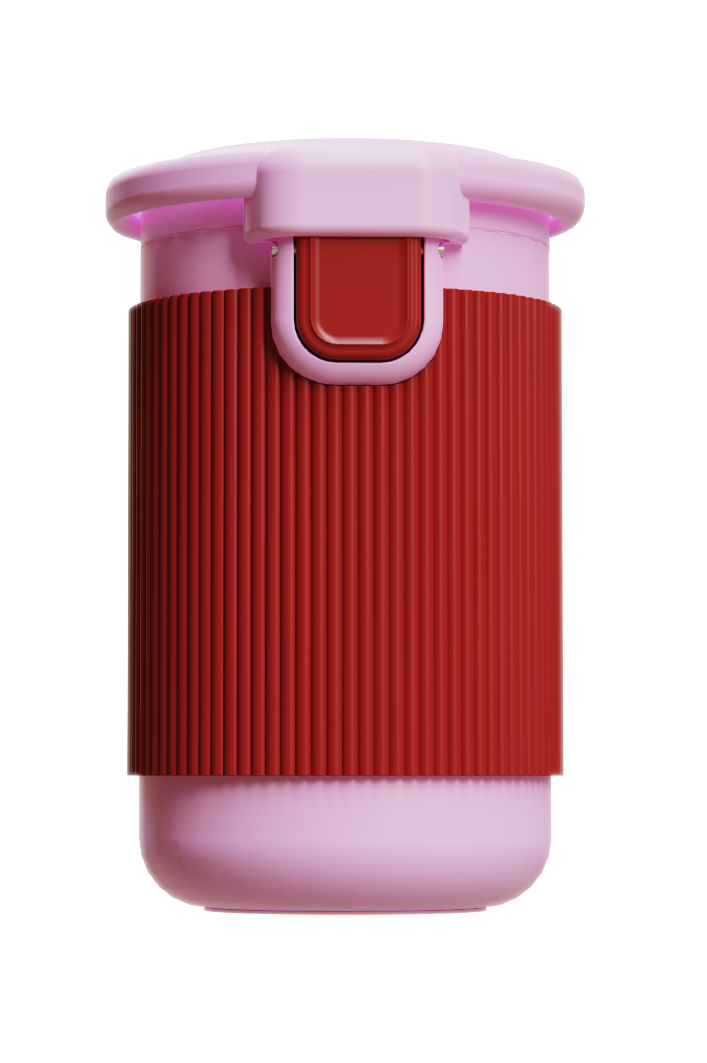 Halo menstrual cup rinsing pod shown on a light background in the Very Berry colourway, featuring a soft pink body and lid with a deep red ribbed outer sleeve and front latch detail